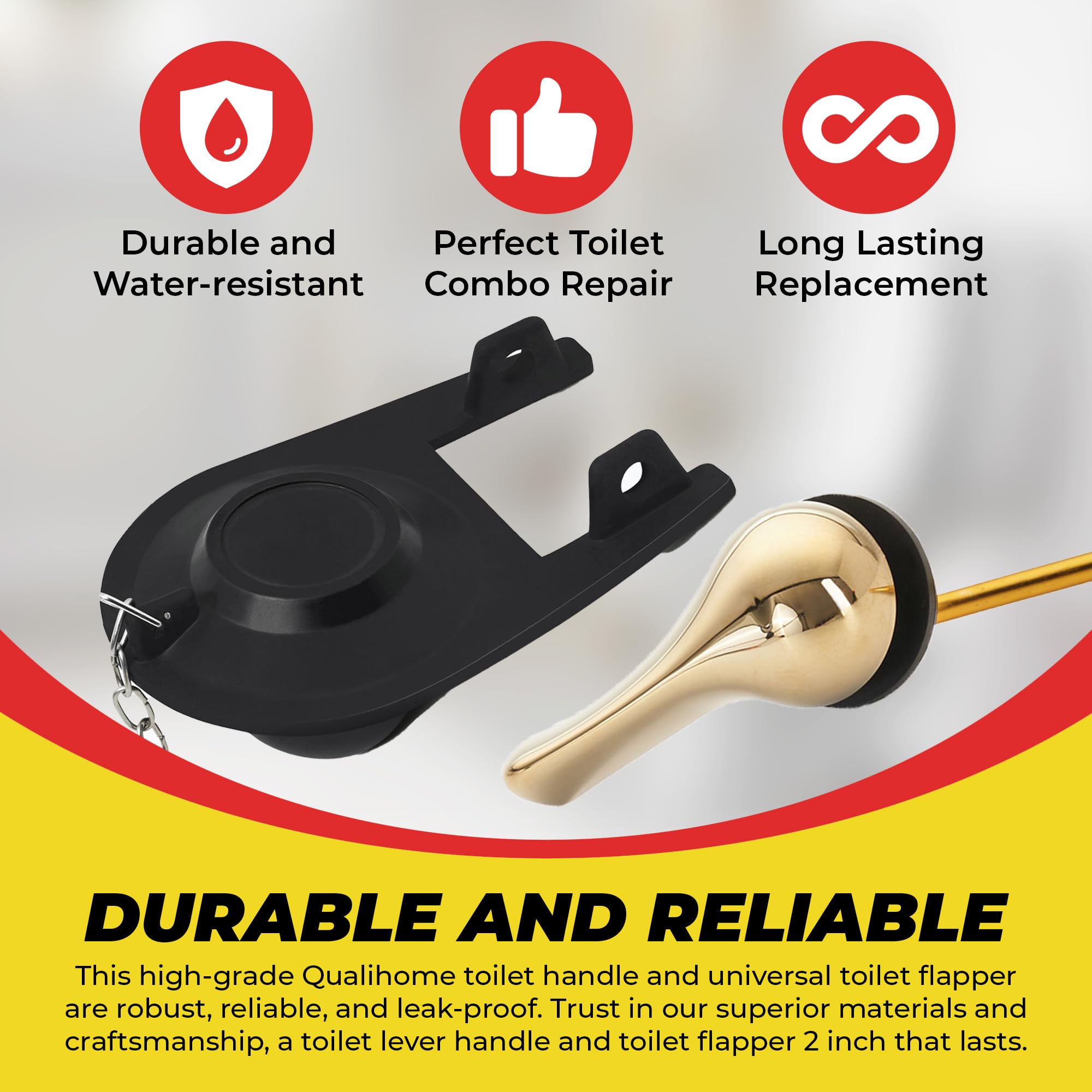 Qualihome Brass Polished Gold Toilet Handle Replacement Kit - 2 Inch Universal Toilet Flapper & Stainless Steel Chain - Perfect for Bathroom Renovation and DIY Toilet Repair