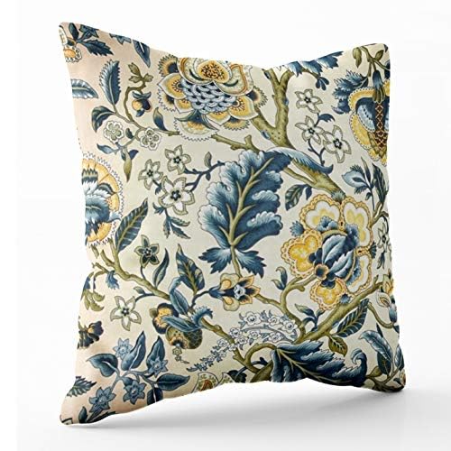 16x16 Inch Decorative Pillow Covers with Zipper - Floral Jacquard Print in Blue & Yellow Hues for Sofa, Bed & Home Decor | Perfect for Living Room, Bedroom & Seasonal Home Styling
