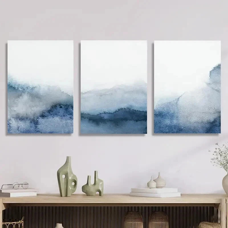 3-Piece Modern Blue and Gray Watercolor Metal Wall Art - Ready to Hang - Perfect for Living Room, Bedroom & Office Decor