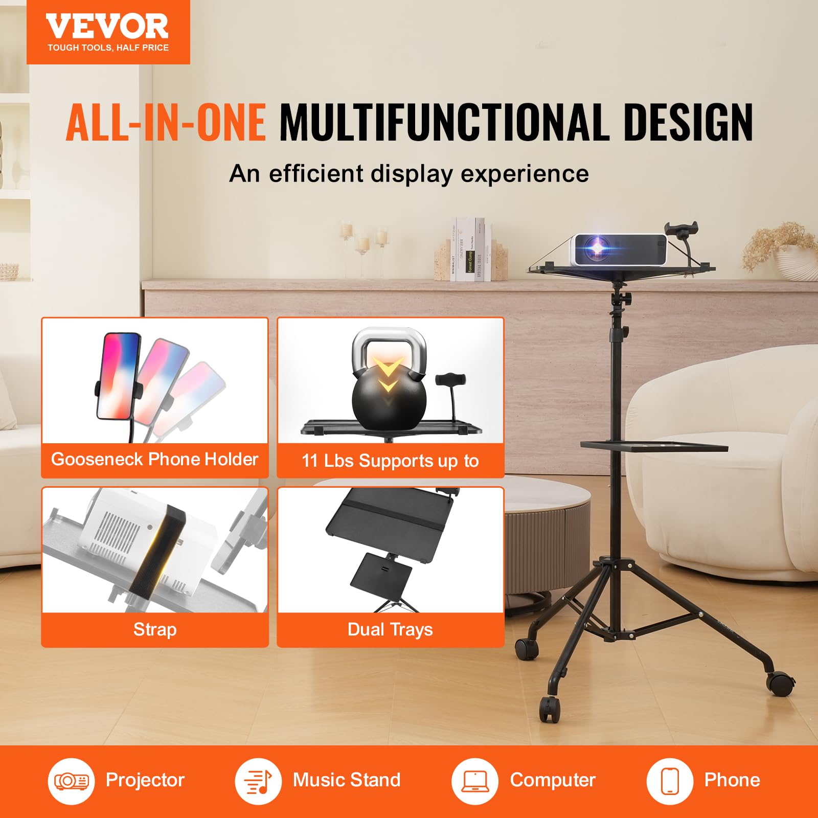 VEVOR Adjustable Projector Stand with Wheels & 2 Trays - 31.3