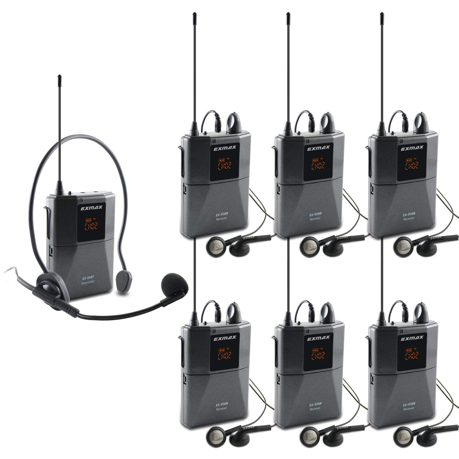 EXMAX UHF-938 Wireless Headset Microphone System - 1 Transmitter & 6 Receivers for Tour Guide, Church, Translation, Teaching, Travel & Simultaneous Interpretation - Ideal for Presentations, Events, Conferences & Public Speaking