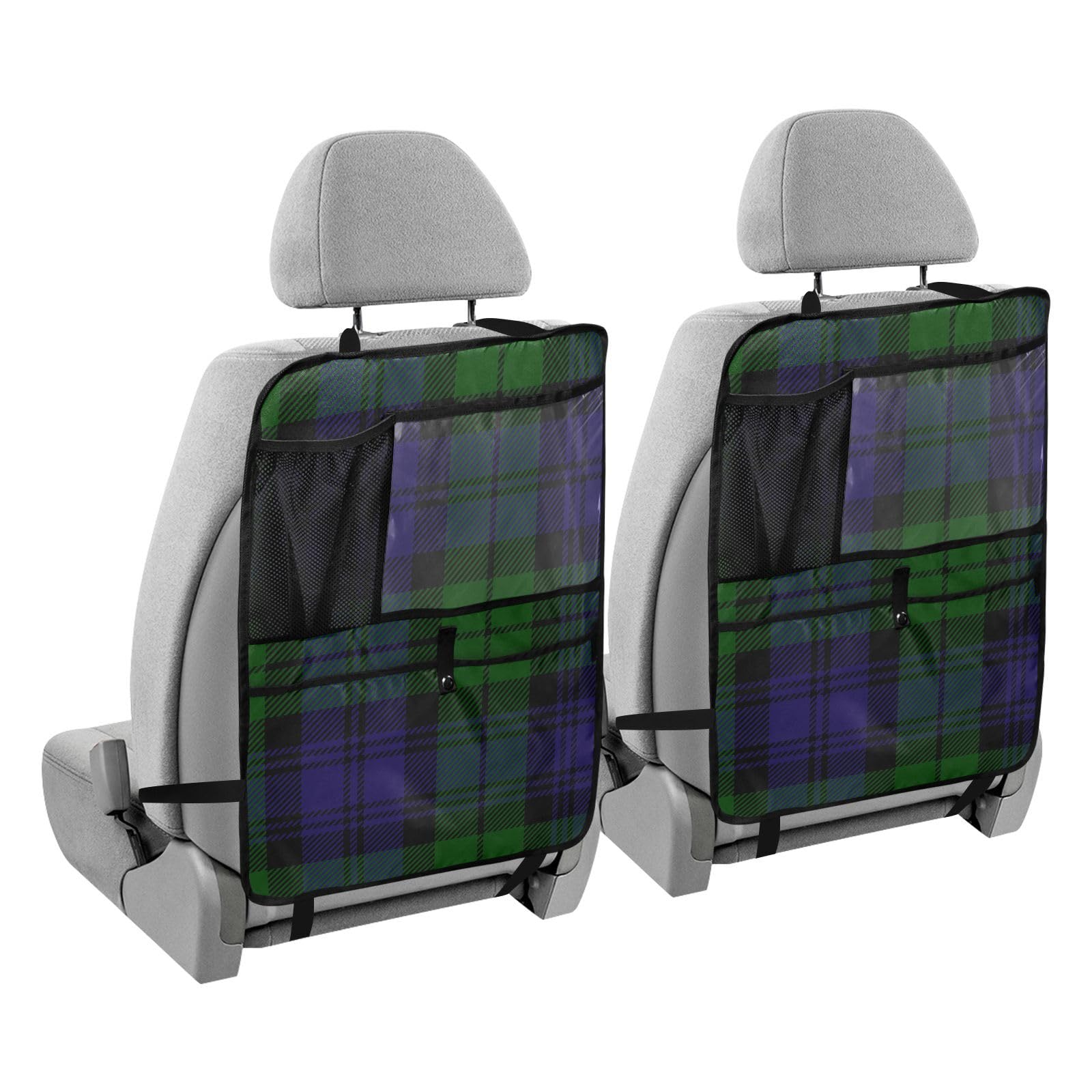 Aflyko Car Seat Back Organizer - Tartan Plaid Green & Blue with Pockets, Kick Mat & Backseat Protector - 1 Pack | Perfect for Road Trips, Family Travel & Keeping Your Vehicle Clean