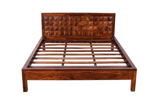 Premium Solid Sheesham Wood Queen Size Bed Frame with Diamond Design - Handcrafted Indian Hardwood Bed for Master Bedroom & Guest Room Elegance