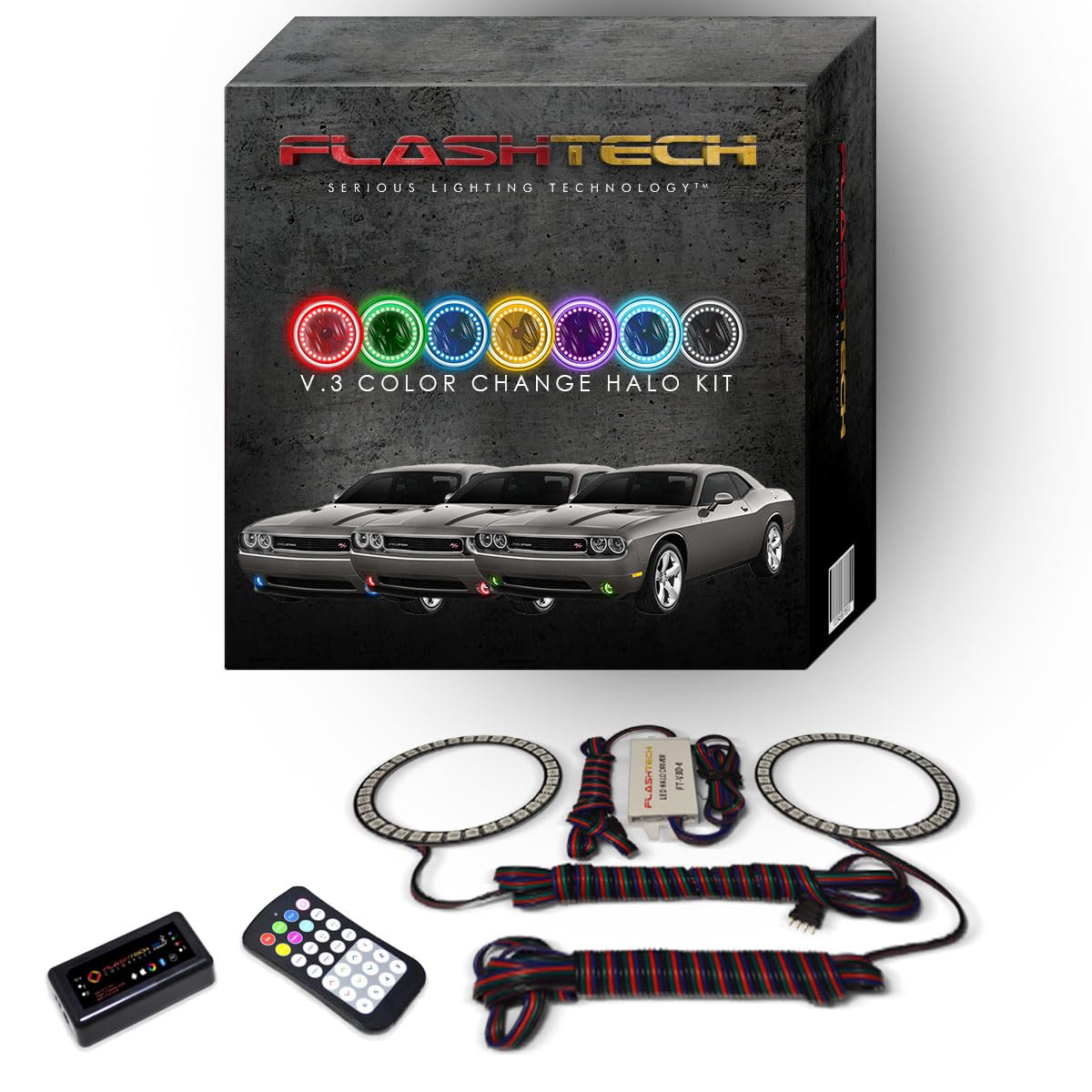 Flashtech LED RGB Multi-Color Halo Ring Fog Light Kit with Bluetooth RF Remote & App Control - Compatible with Dodge Challenger 2008-2013 | Customizable Lighting for Car Shows, Night Driving & Vehicle Styling