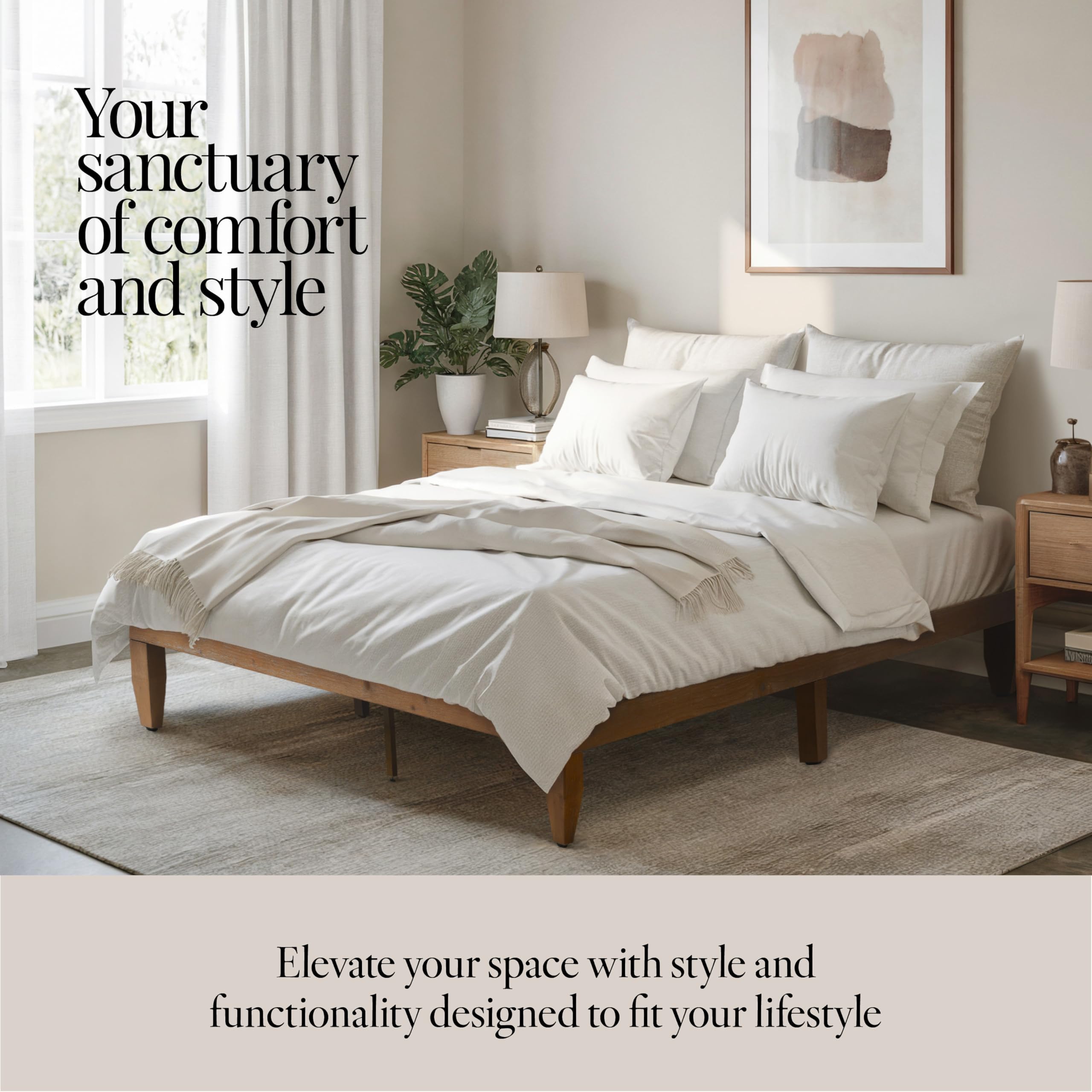 Solid Pine Wood Platform Bed Frame Queen Size - 12 Inch Sturdy No Box Spring Needed with Wooden Slats & Leveling Feet | Easy Assembly & Improved Stability | Perfect for Modern Bedrooms, Guest Rooms & Small Spaces
