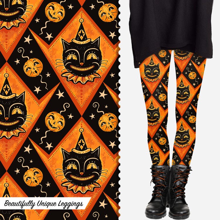 Grinning Jack Orange Vintage Cat Leggings - Johanna Parker Exclusive High-Quality Halloween & Cosplay Tights for Women