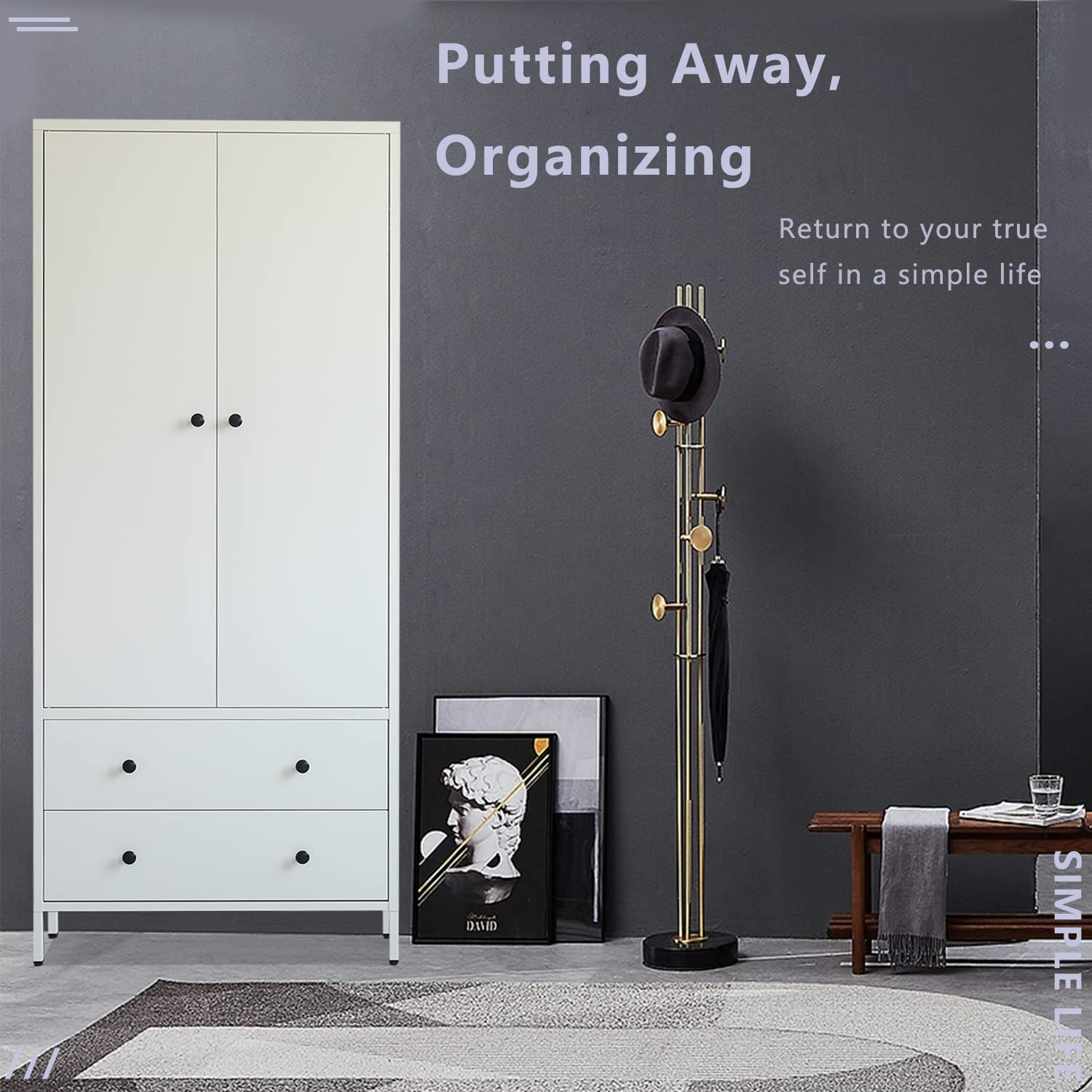 BESFUR Freestanding Wardrobe Closet - White Metal Armoire with 2 Drawers & Adjustable Hanging Rod, 20