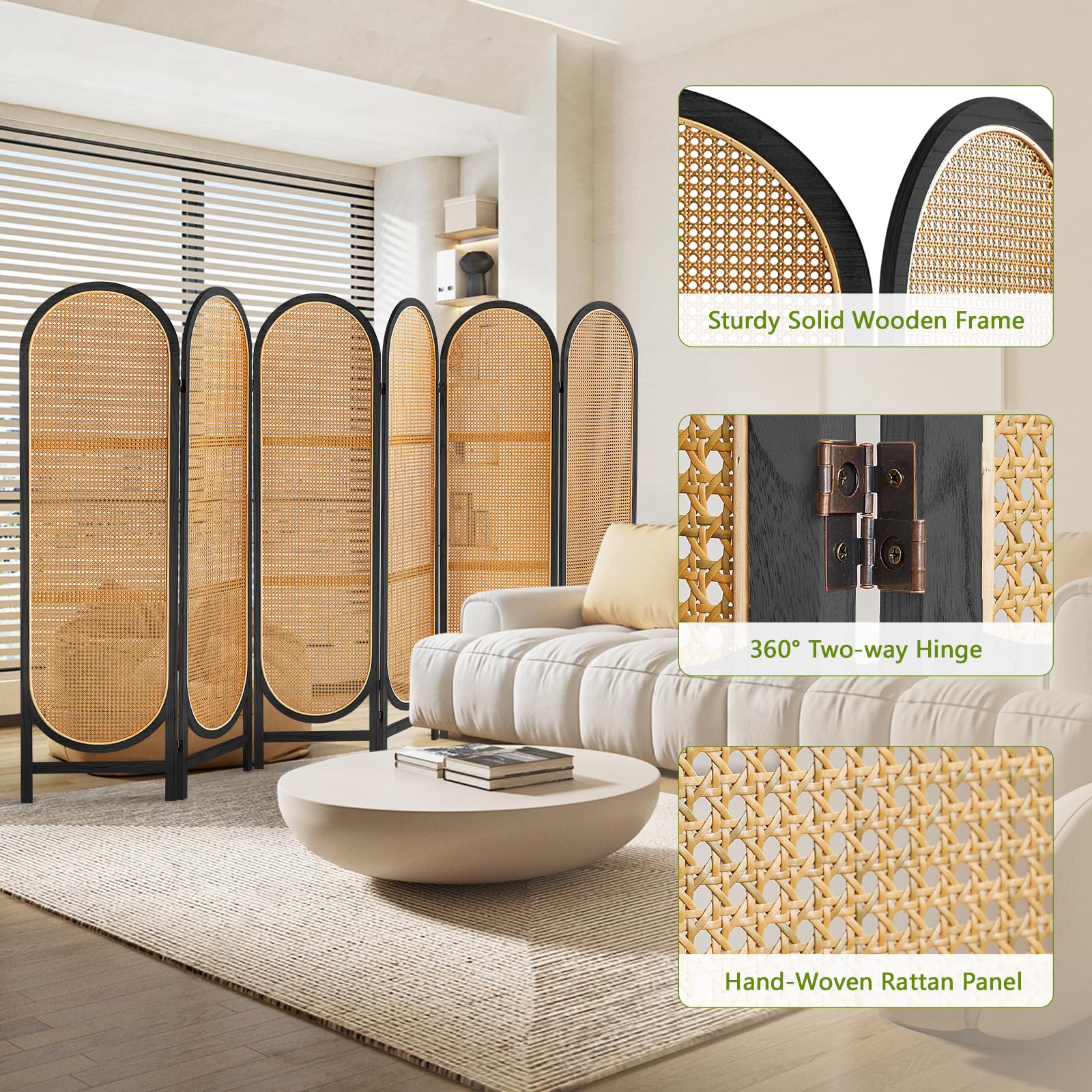 6 Panels Hand-Woven Rattan Room Divider - Freestanding Folding Privacy Screen for Home Office & Bedroom - Wooden Partition Wall for Indoor Space Separation - Black