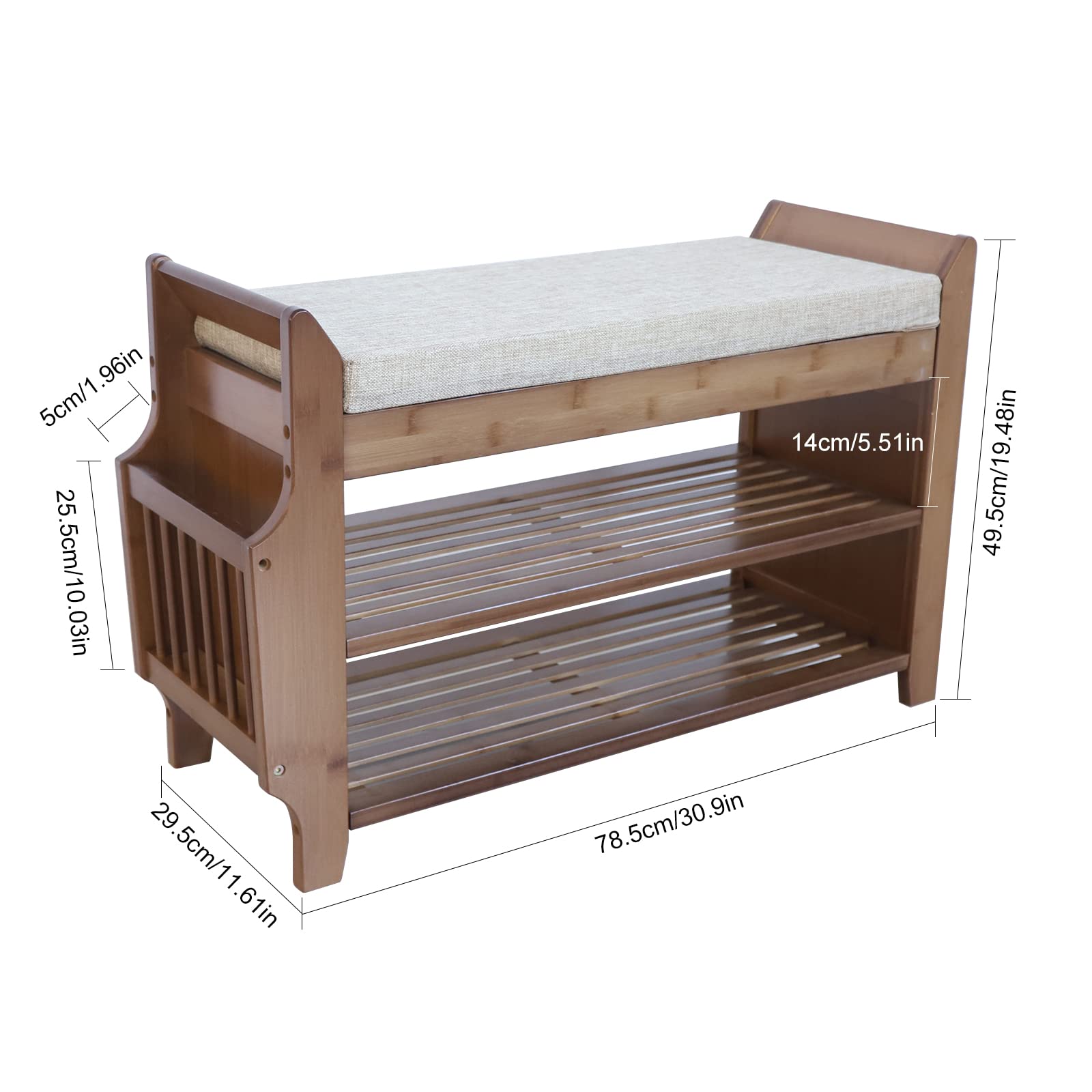 2-Tier Bamboo Shoe Bench with Sponge Cushion & Storage Basket - Holds 6 Pairs of Shoes - Entryway Organizer for Living Room, Hallway & Home Decor - Brown Wooden Shoe Rack for Entry, Bedroom & Closet Storage