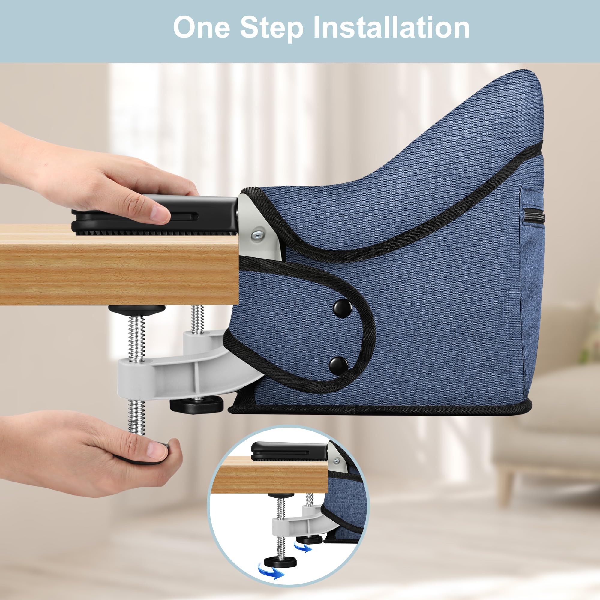 Jozzve Hook On High Chair - Portable & Foldable Baby Feeding Seat with Storage Bag for Home & Travel - Navy | Ideal for Dining, Outdoor Picnics & Restaurant Use