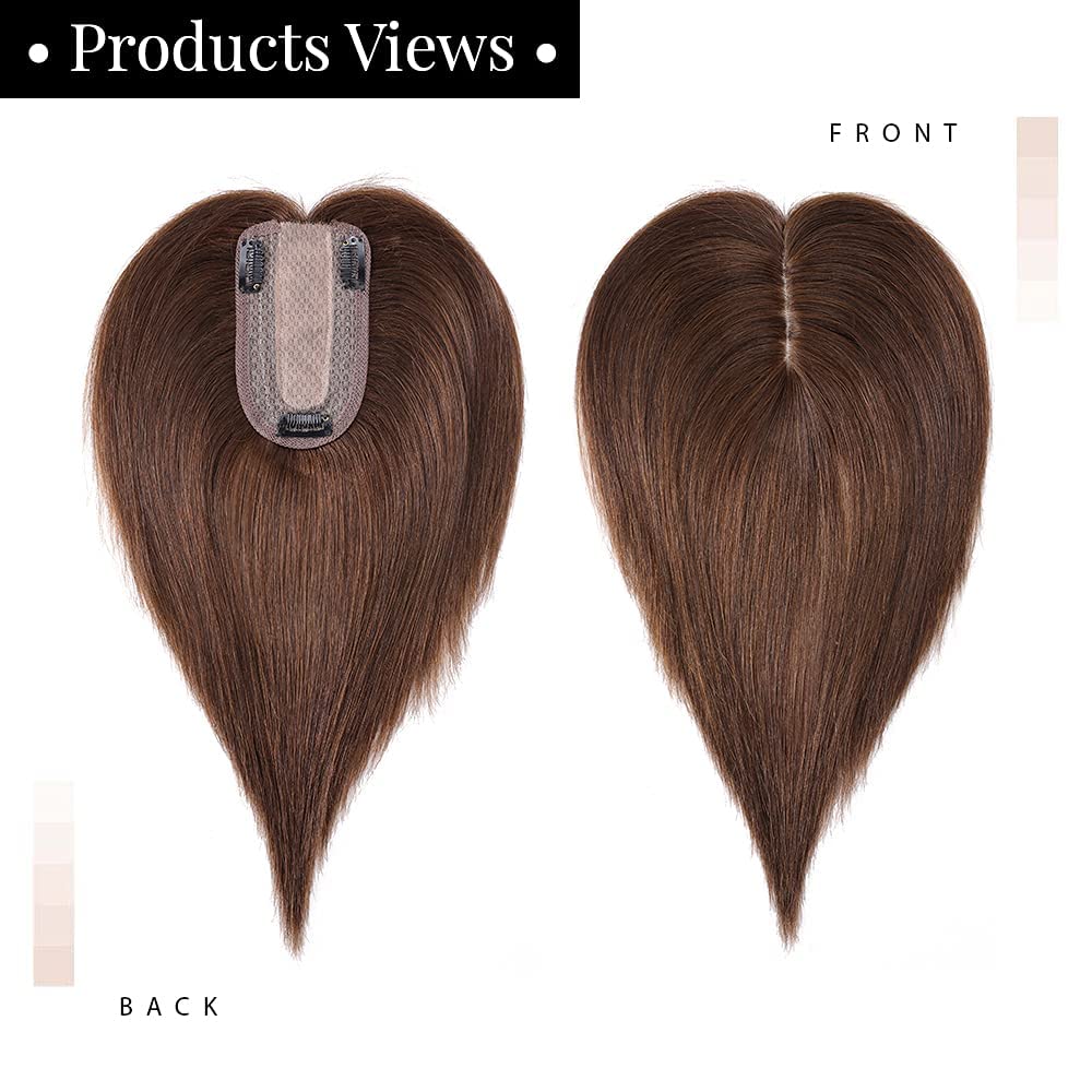 MY-LADY 150% Density Human Hair Topper - No Bangs Clip-In Hairpiece for Women, 14 Inch Medium Brown Silk Base - Perfect for Thinning Hair & Hair Loss - Great for Daily Wear, Parties & Special Occasions