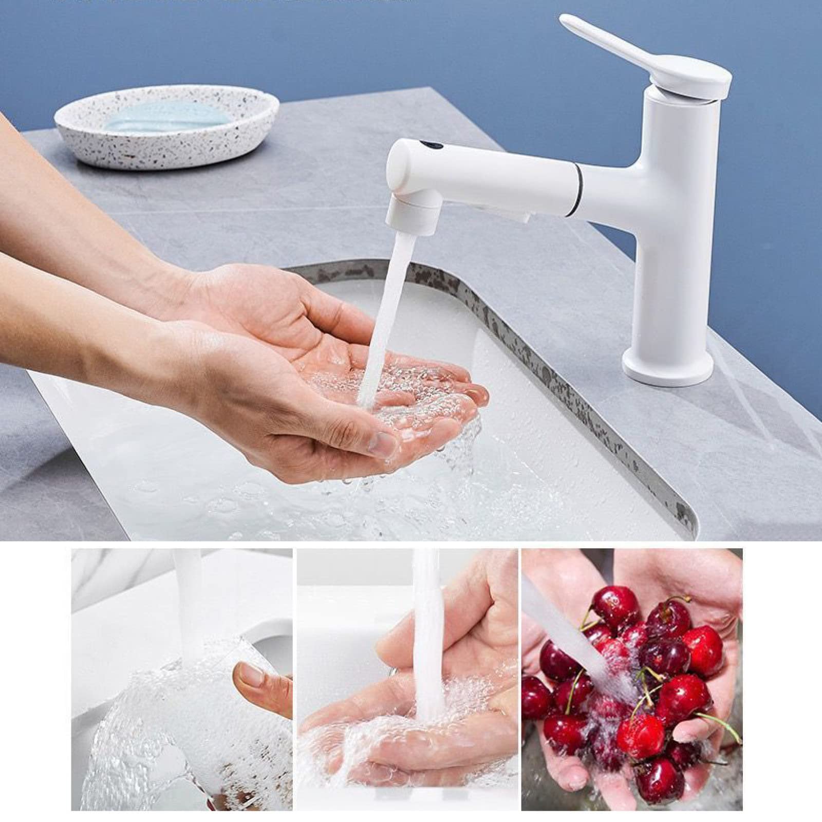 PHKO Removable Single Hole Brass Faucet with 3 Spray Modes - Extendable Hot & Cold Water Mixer Tap for Bathroom Sink, White - Perfect for Modern Bathrooms, Vanities & Home Renovations (Commemoration Day Special)
