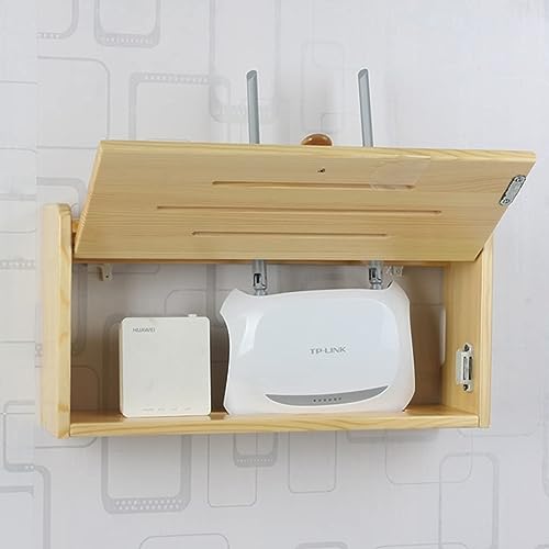 Solid Wood Wireless Router Storage Box - Wall Mount WiFi Router Organizer with Power Cord Management, Free Punch Holes (Yellow, 41x24.7cm) - Perfect for Home Office, Living Room & Bedroom Network Setup
