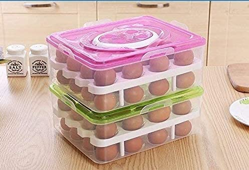 32 Grid Double Layer Plastic Egg Storage Container with Lid & Tray - Portable Refrigerator Organizer for Kitchen, Camping & Picnic (Pack of 1) | Fresh Egg Carrier for Home & Outdoor Use