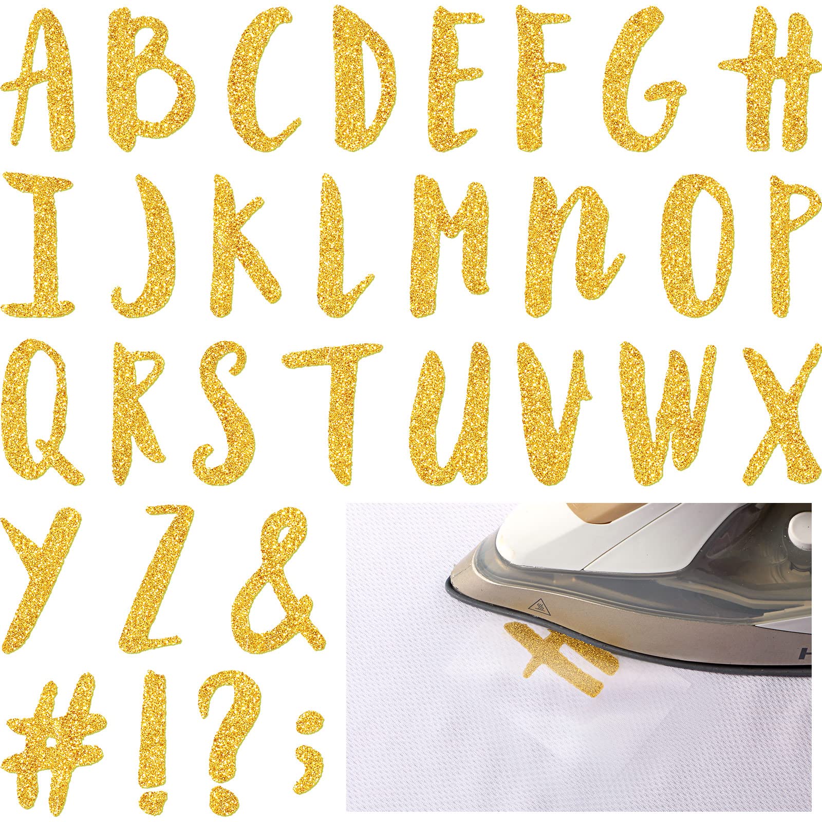 279 Pieces 1.5 Inch Iron On Flock Letters A-Z - Glitter Gold Alphabet Transfer Letters for Christmas Stockings, Graduation Caps, DIY T-Shirts & Fabric Crafts