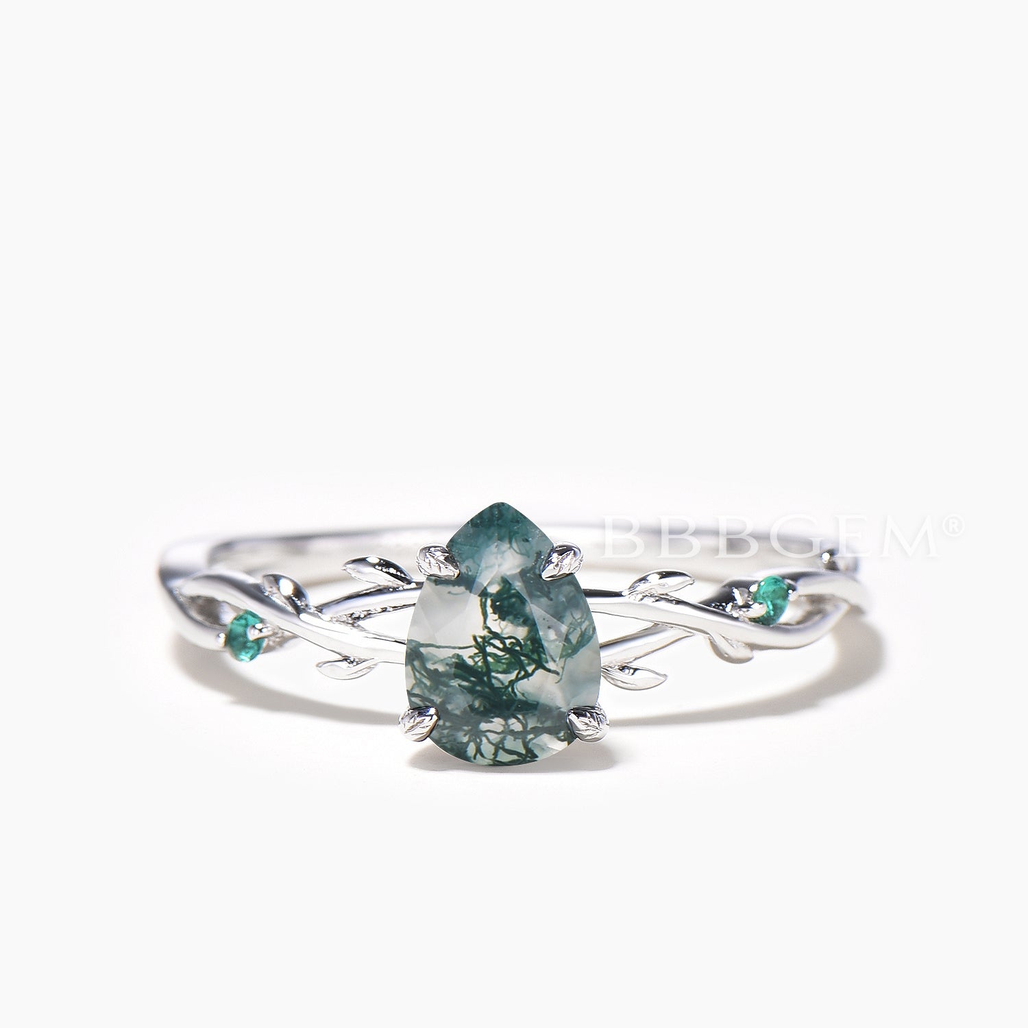 Nature Inspired Twisted Vine Moss Agate & Emerald Bridal Ring Set | Wedding, Engagement, Anniversary Jewelry Gift for Her