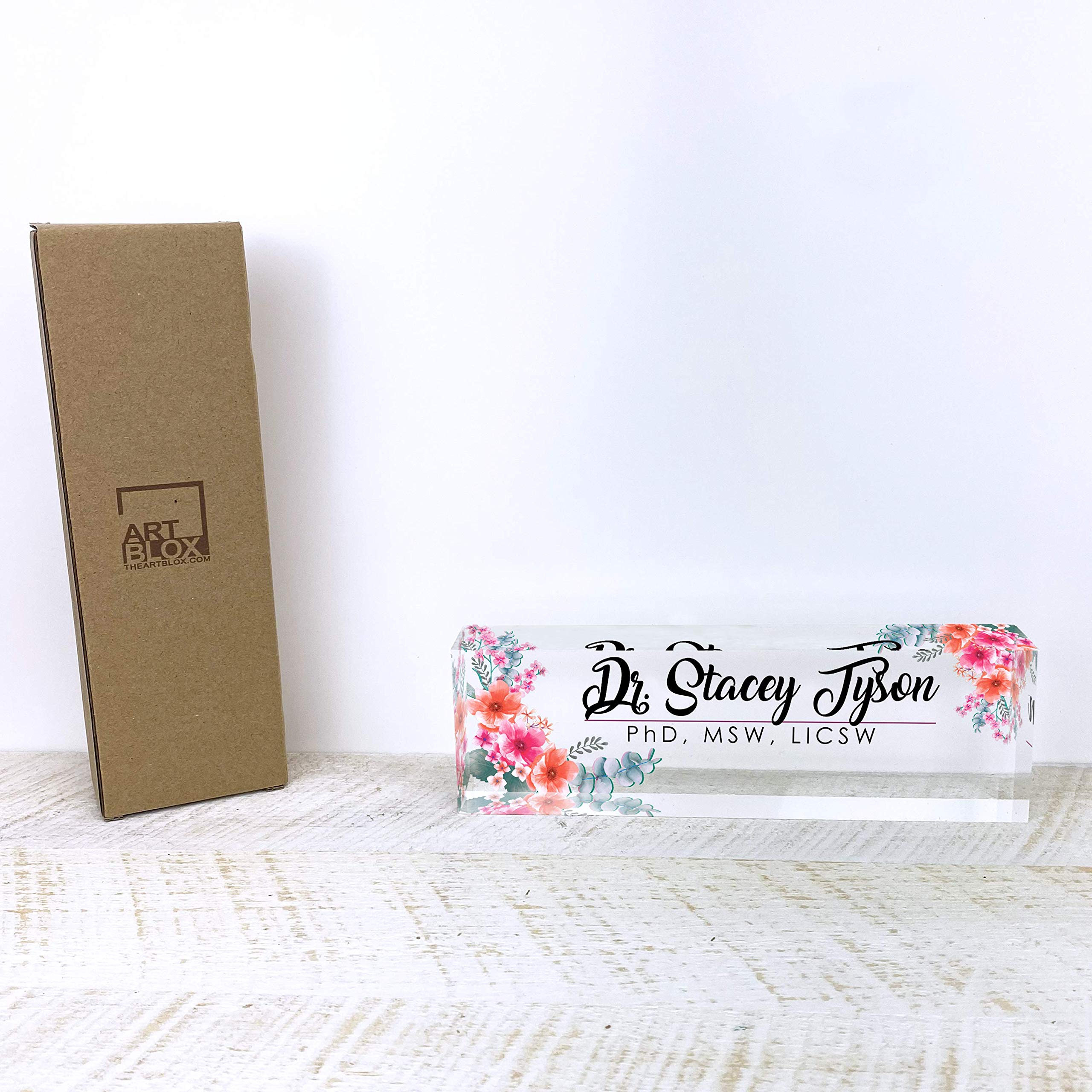 Personalized Acrylic Office Desk Name Plate - Custom Engraved Name Sign with Wild Flowers Design (8