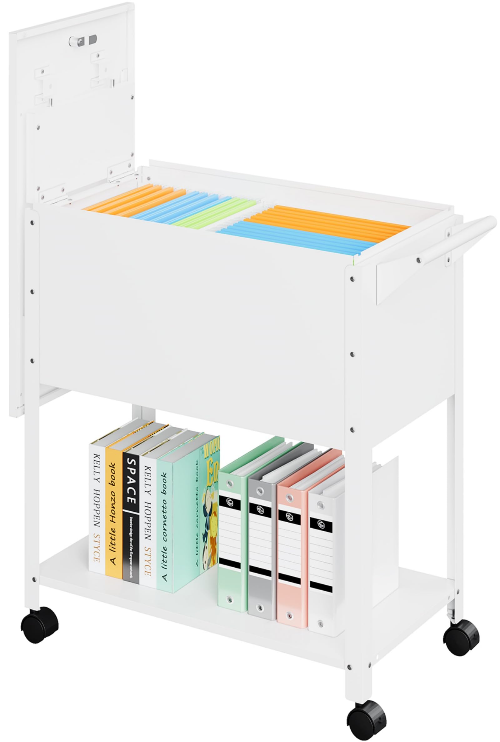 Metal Rolling File Cart with Wheels - Hanging File Organizer Cabinet for A4/F4/Letter/Legal Size - Mobile Office Storage Solution for Home & Office (White) | Perfect for Document Management & Workspace Organization
