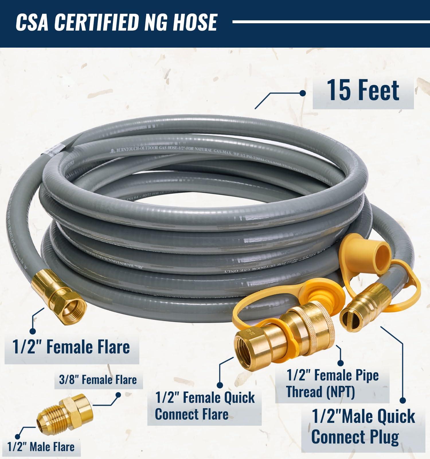 15 Feet 1/2 Inch ID Natural Gas Hose with Quick Connect Fittings - Flexible Gas Line for Outdoor Grill, Pizza Oven, Heater & Low Pressure Appliances - Perfect for Backyard BBQ, Patio Cooking & Outdoor Heating