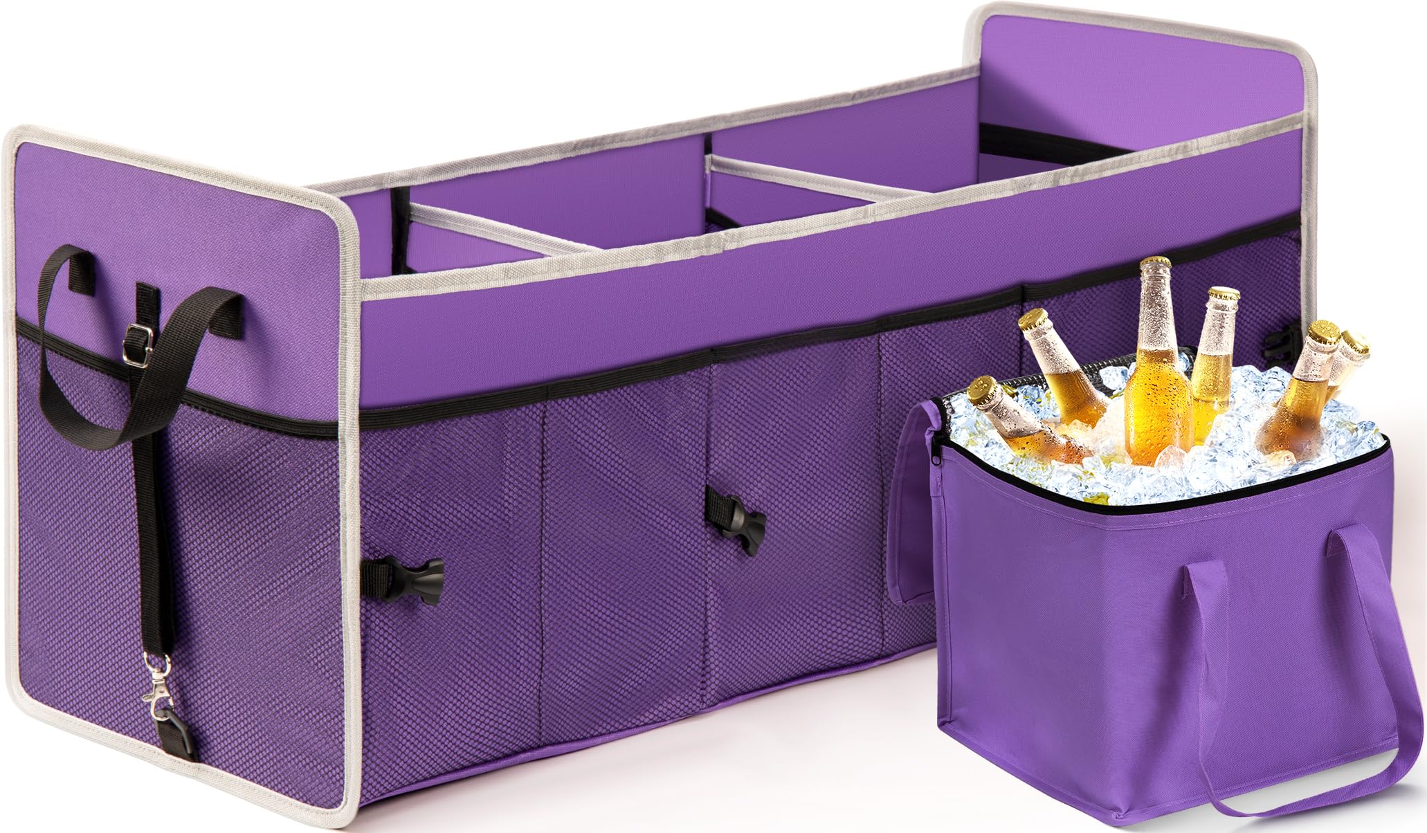 Collapsible 3-Compartment Car Trunk Organizer with Cooler Bag - Foldable SUV Storage Solution for Road Trips, Groceries & Sports Gear (Purple)