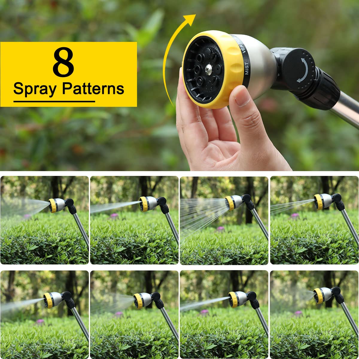 FANHAO 16 Inch Heavy Duty Garden Watering Wand with 180° Rotating Head & Thumb Control Valve - 8 Spray Patterns Hose Nozzle for Lawn, Flowers & Plants (Yellow) - Perfect for Watering Gardens, Lawns & Hard-to-Reach Areas