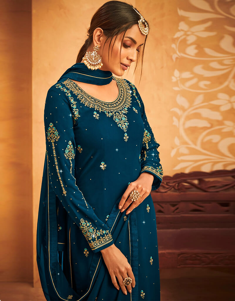 Elegant Blue Georgette Palazzo Salwar Suit for Women - Comfortable Indian Ethnic Wear for Parties, Weddings & Festive Occasions