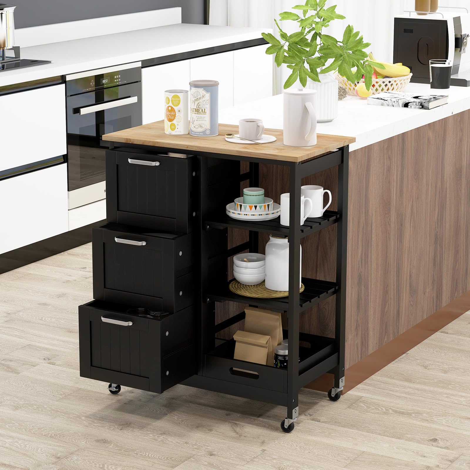 COSTWAY Kitchen Cart with Wheels, 3 Drawers & Shelves for Dining, Living Room & Bedroom Storage