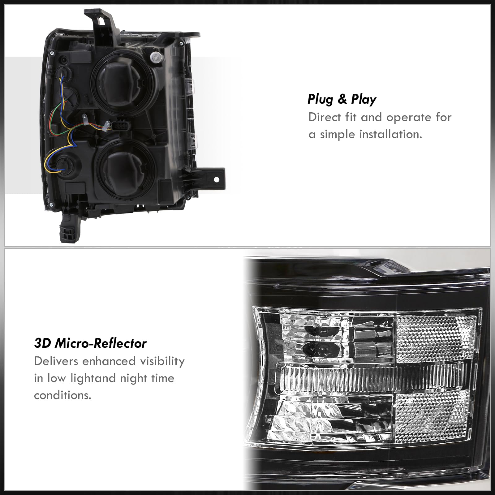 AJP Distributors Black Housing Clear Reflector LED Projector Headlights Pair - Compatible with 2014-2015 Chevy Silverado 1500 Pickup Truck | Improved Visibility & Style for Night Driving & Off-Road Adventures