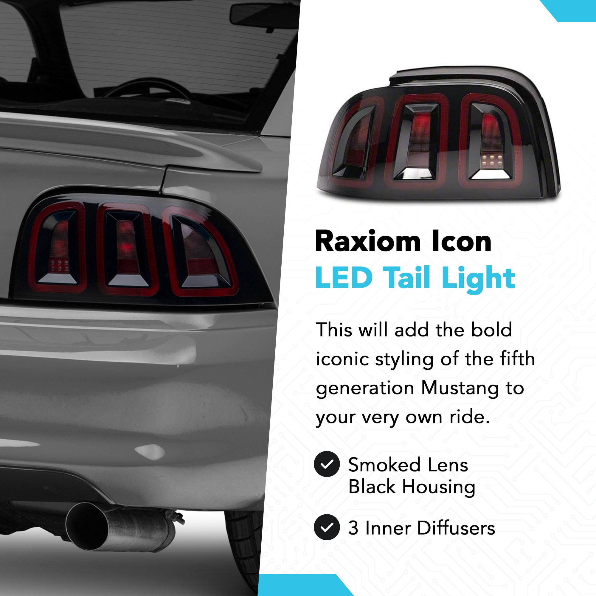 Raxiom LED Tail Lights Set for 1996-1998 Ford Mustang - Smoked Lens, High Visibility, Easy Installation - Upgrade Your Mustang's Style & Safety for Night Driving