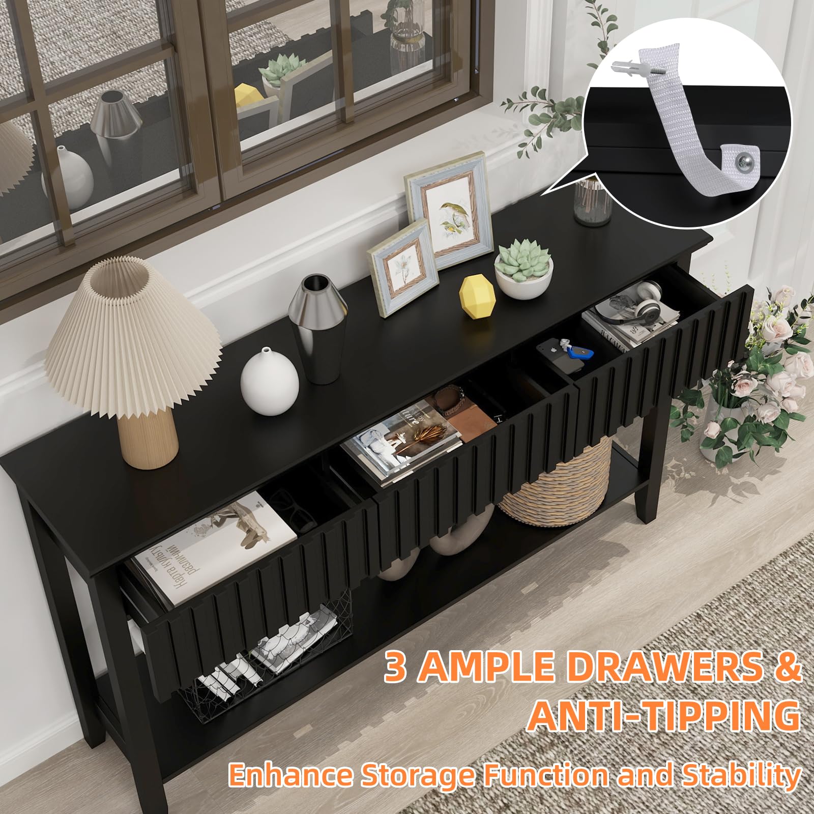 Modern Fluted Wood Console Table with 3 Drawers & Open Shelf - Narrow Sofa Table Behind Couch, Entryway Table for Living Room, Foyer & Hallway - Black (1 Tier) | Perfect for Small Spaces & Home Decor