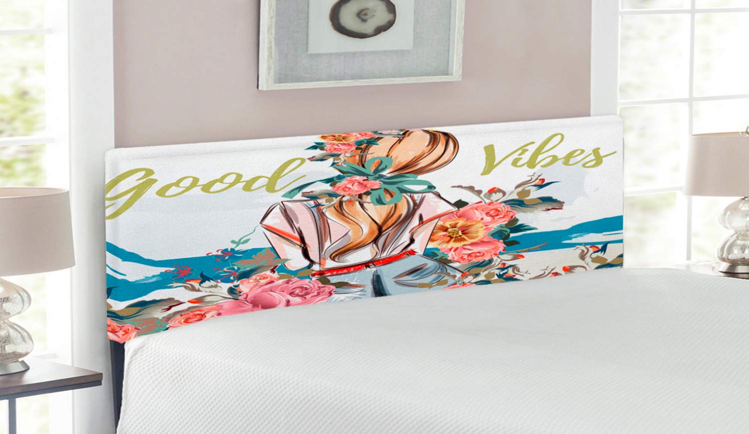 Ambesonne Upholstered Queen Size Headboard with Memory Foam - Abstract Floral Design Featuring Young Girl & Roses - Decorative Metal Bed Frame for Girls Room, Teen Bedroom & Master Suite