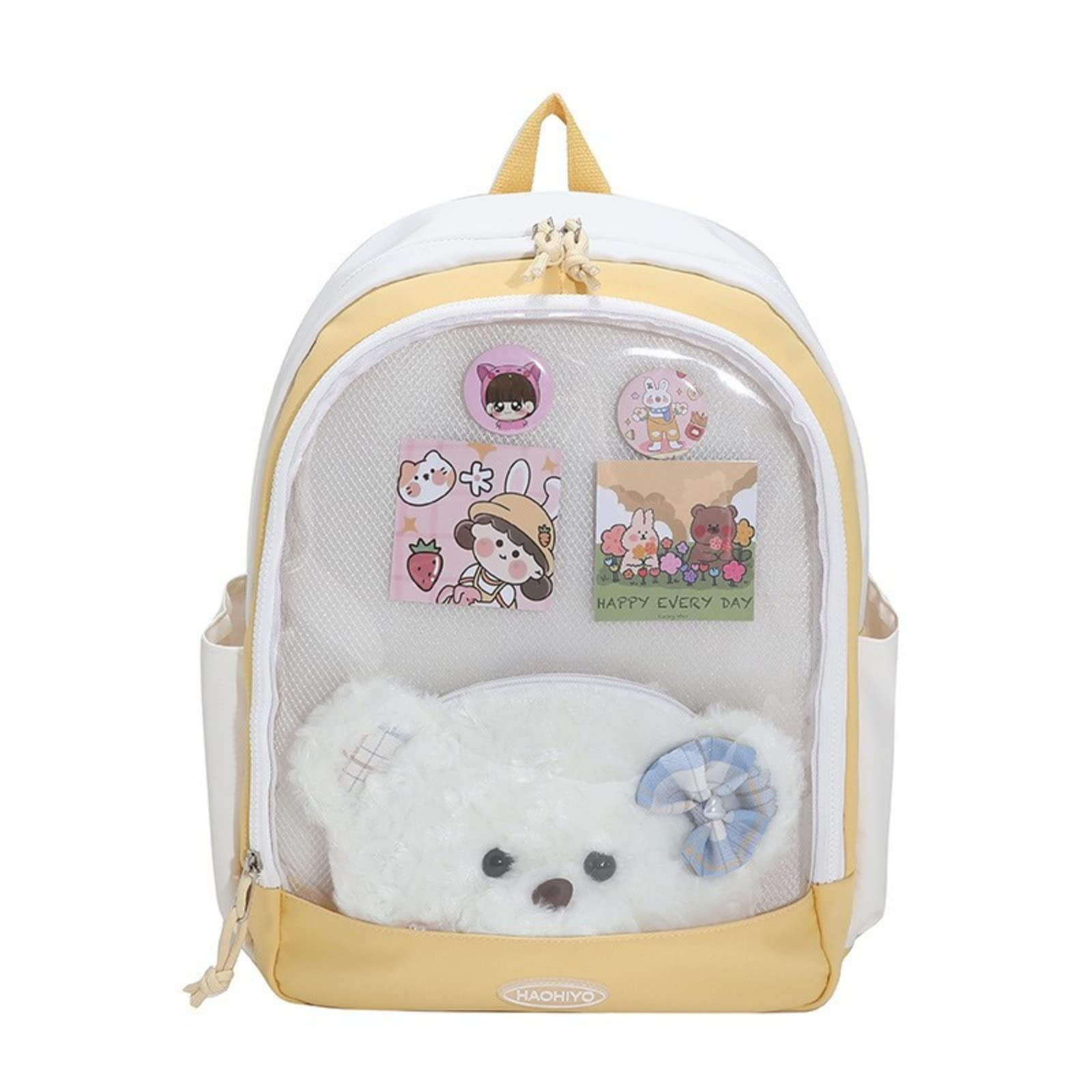 Cute Clear Front Backpack with Bear Purse - Pink Japanese School Bag for Girls & Teens | Crossbody Daypack Satchel (Yellow) | Perfect for School, Travel & Anime Conventions
