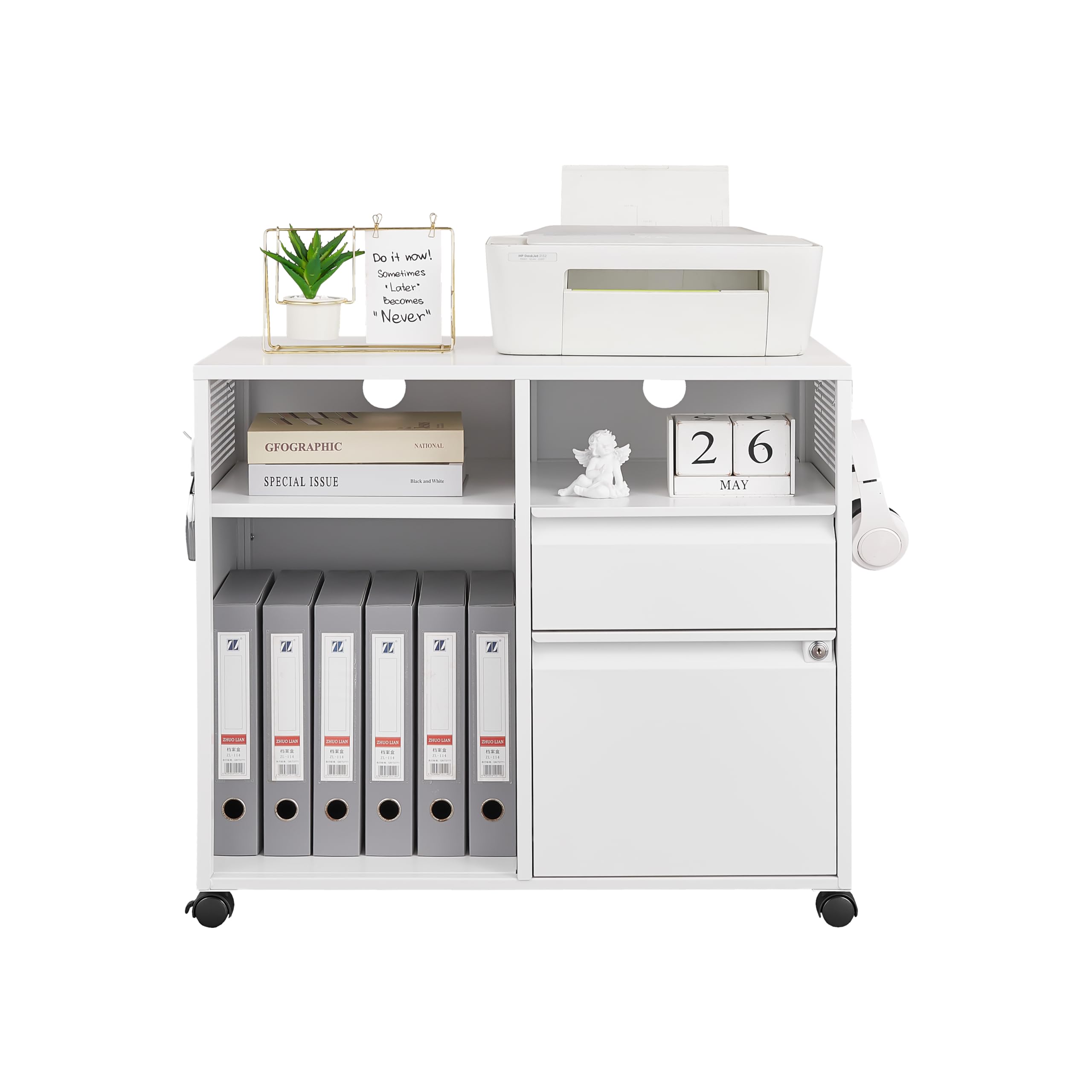 2-Drawer Mobile Lateral File Cabinet with Lock - White Office Storage Cabinet with Shelves for A4/Letter Size Files, Printer Stand - Perfect for Home Office Organization & Document Storage