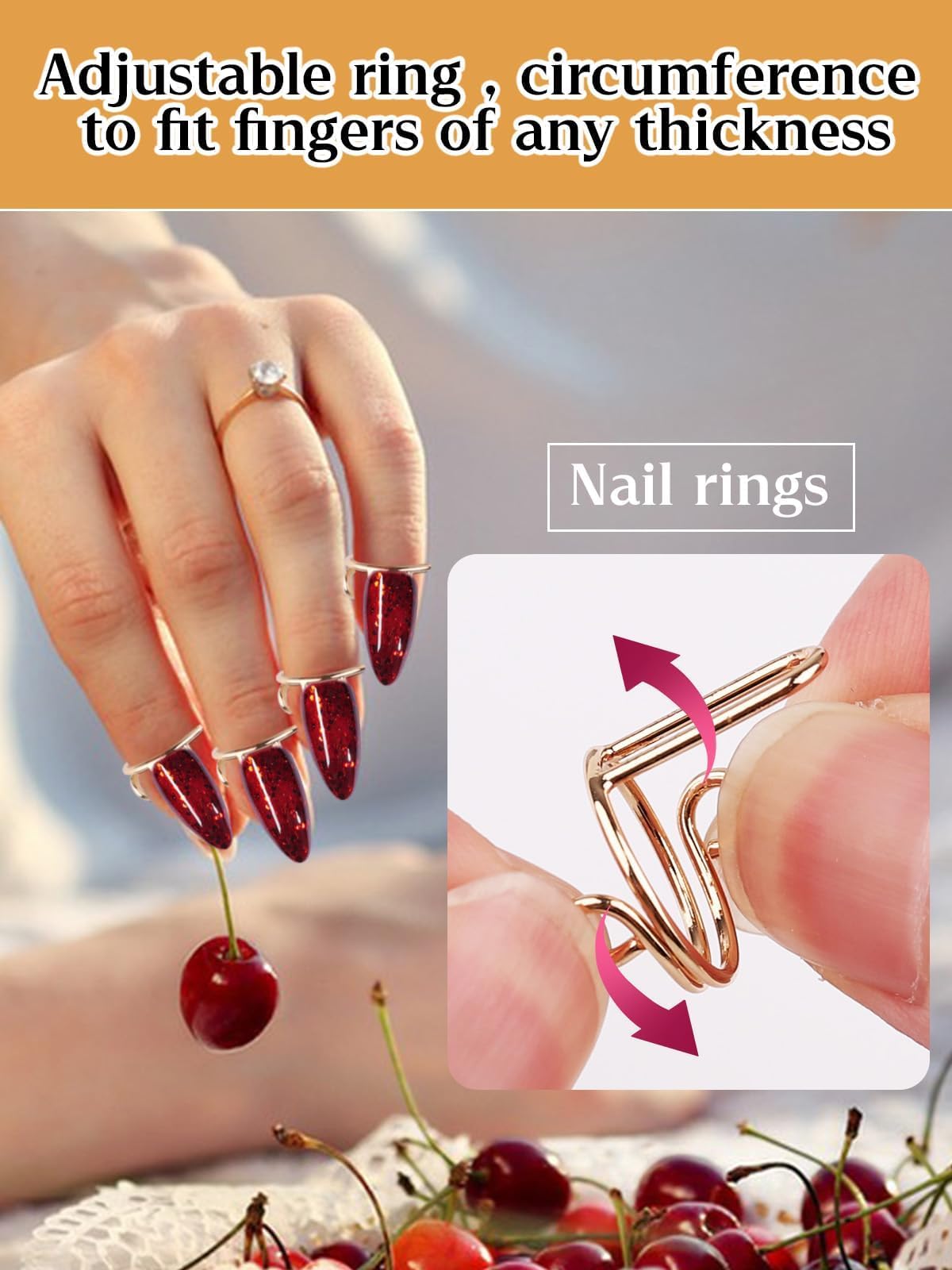 20PCS Adjustable Reusable Nail Rings for Women - Gold Detachable Nail Art Decorations with Adhesive Tabs | Perfect for Acrylic Nails, Manicures, Parties & DIY Nail Art Designs