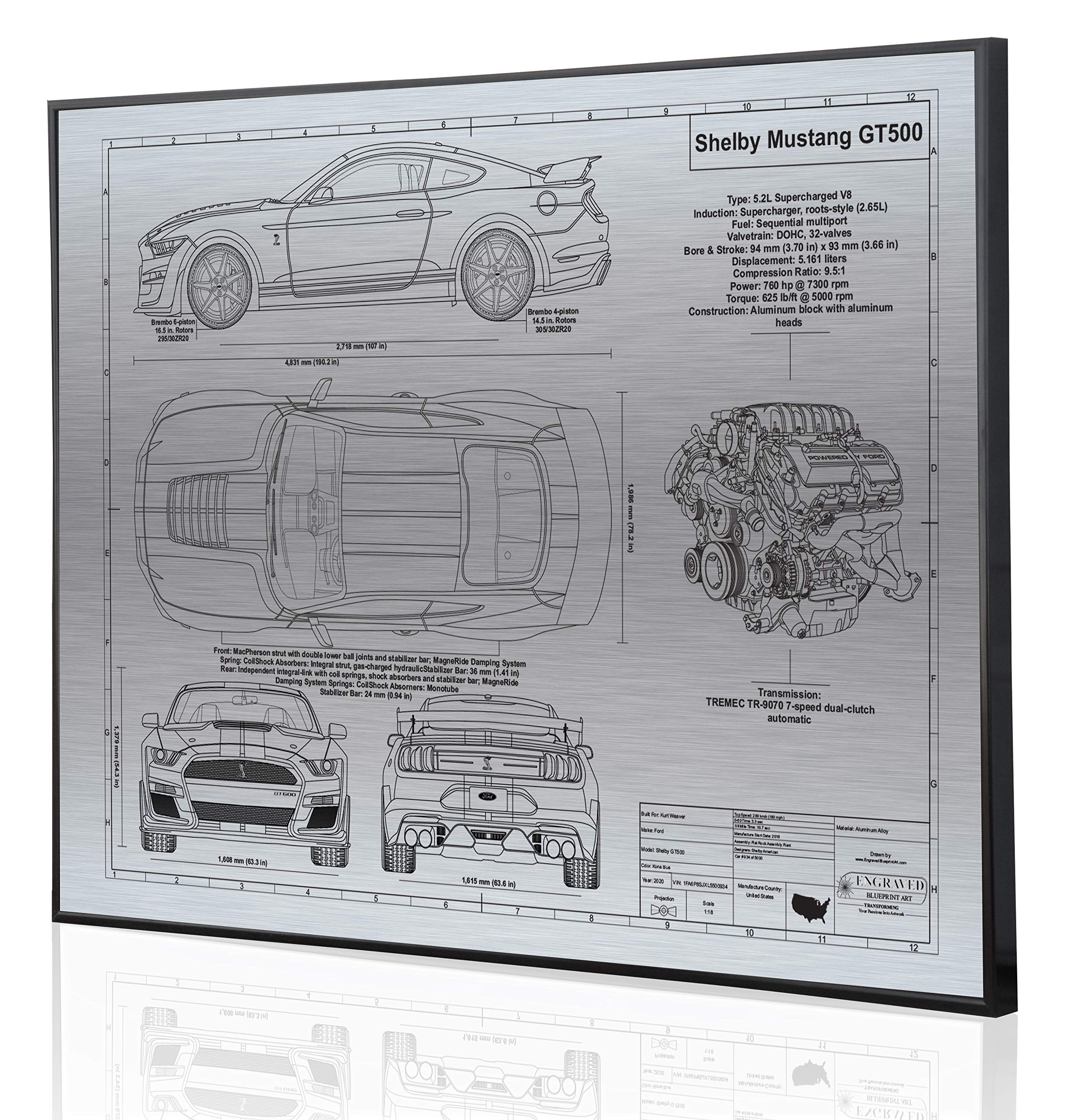 2020 Ford Mustang Shelby GT500 Blueprint Artwork - Laser Engraved & Personalized - Unique Ford Enthusiast Gift for Home, Office, or Man Cave Decor
