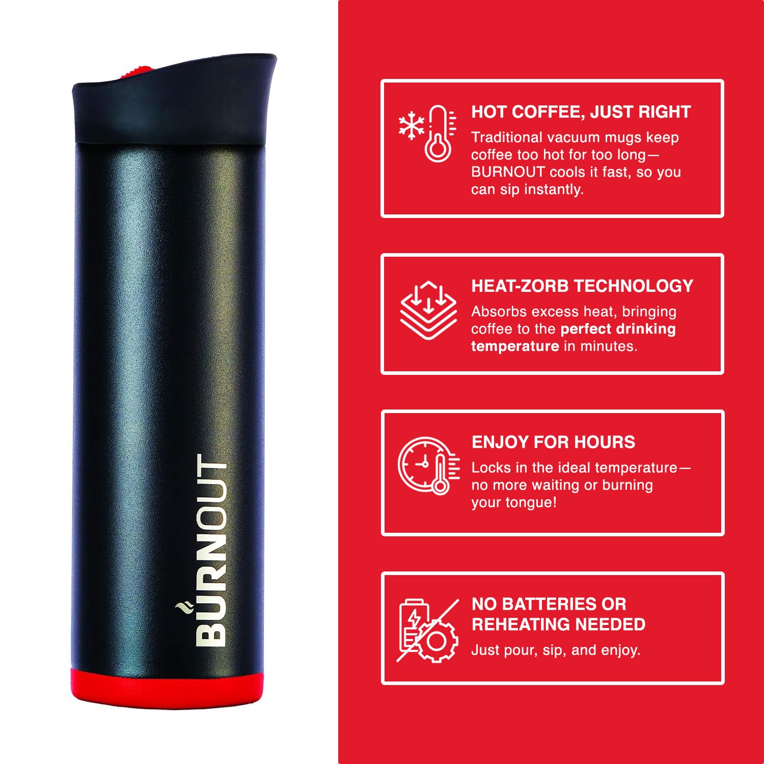 BURNOUT 16 oz Temperature Regulating Travel Mug with HeatZorb Technology - Black Insulated Coffee Cup for Hot & Cold Drinks | Perfect for Commuting, Office Use & Outdoor Activities