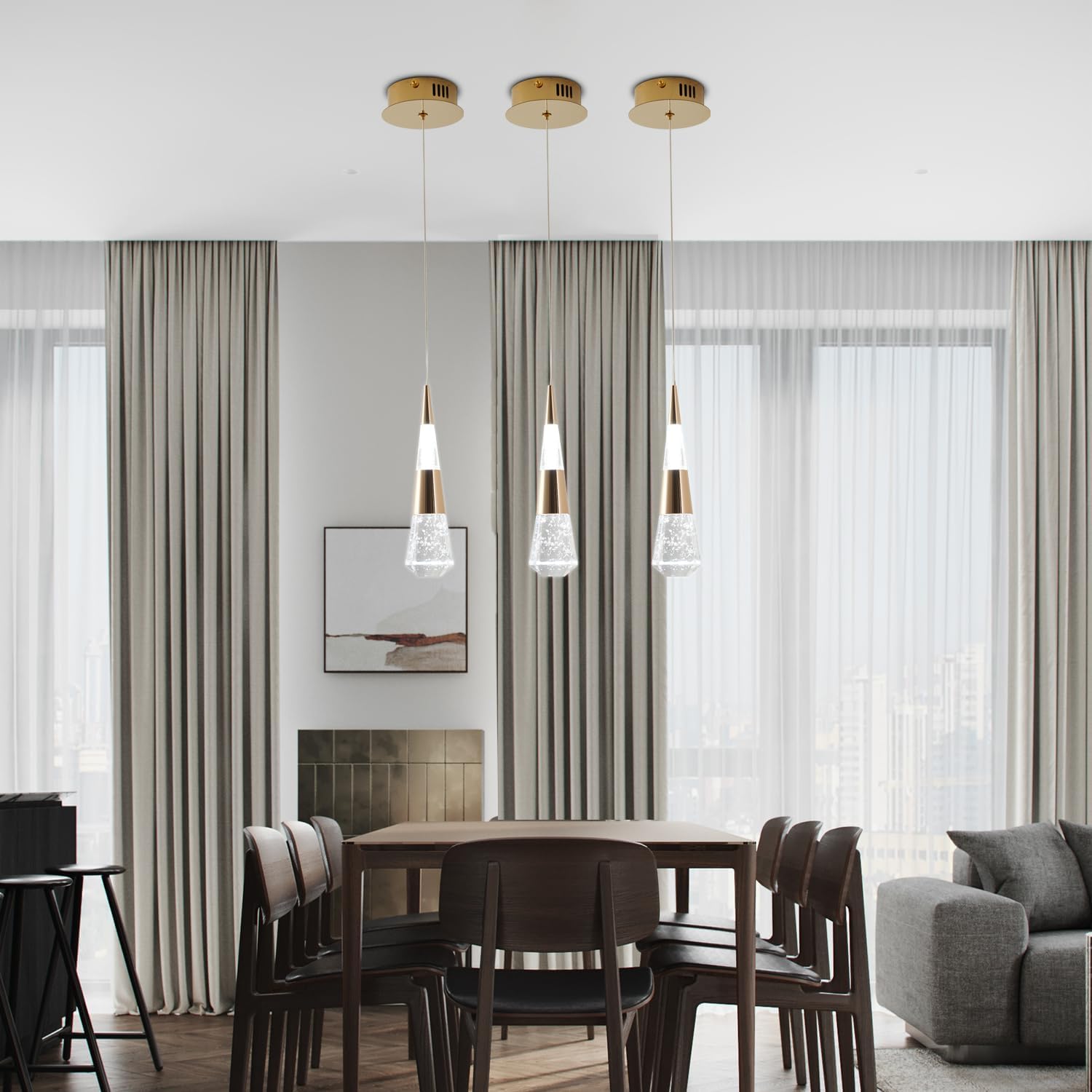 Modern Gold LED Pendant Lights 3-Pack - Kitchen Island & Dining Room Lighting