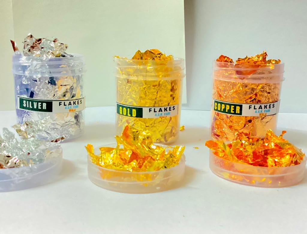 Premium Gold Leaf Flakes for Nail Art & DIY Crafts - 3 Bottles Kit (Gold, Silver, Copper) | Perfect for Epoxy Resin Jewelry, Nail Design, Slime Making & Metallic Gilding Projects