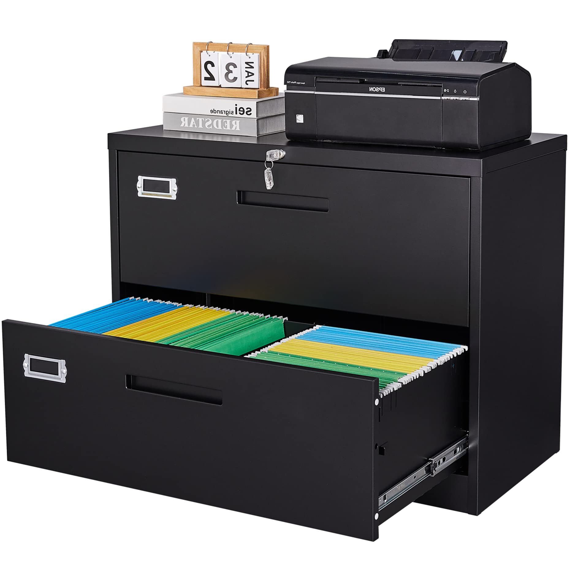 BYNSOE 2-Drawer Black Metal Lateral File Cabinet with Lock - Steel Office & Home Storage for A4/Legal/Letter Size Documents - Perfect for Office Organization, Home Office & Study Room (Assembly Required)