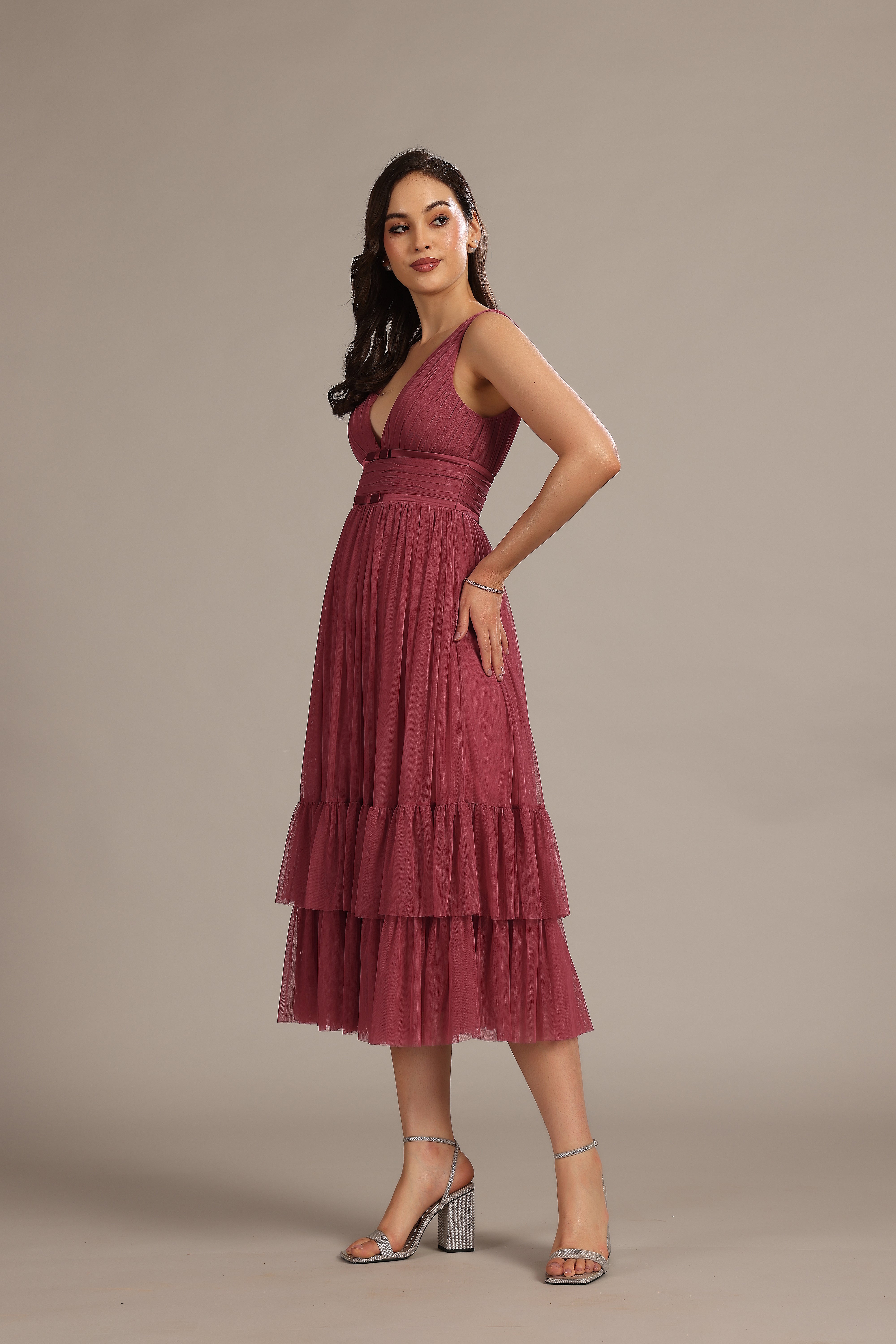Nymeria Floral Print Midi Dress in Orchid - Elegant Women's Summer Casual Dress for Parties, Weddings & Date Nights