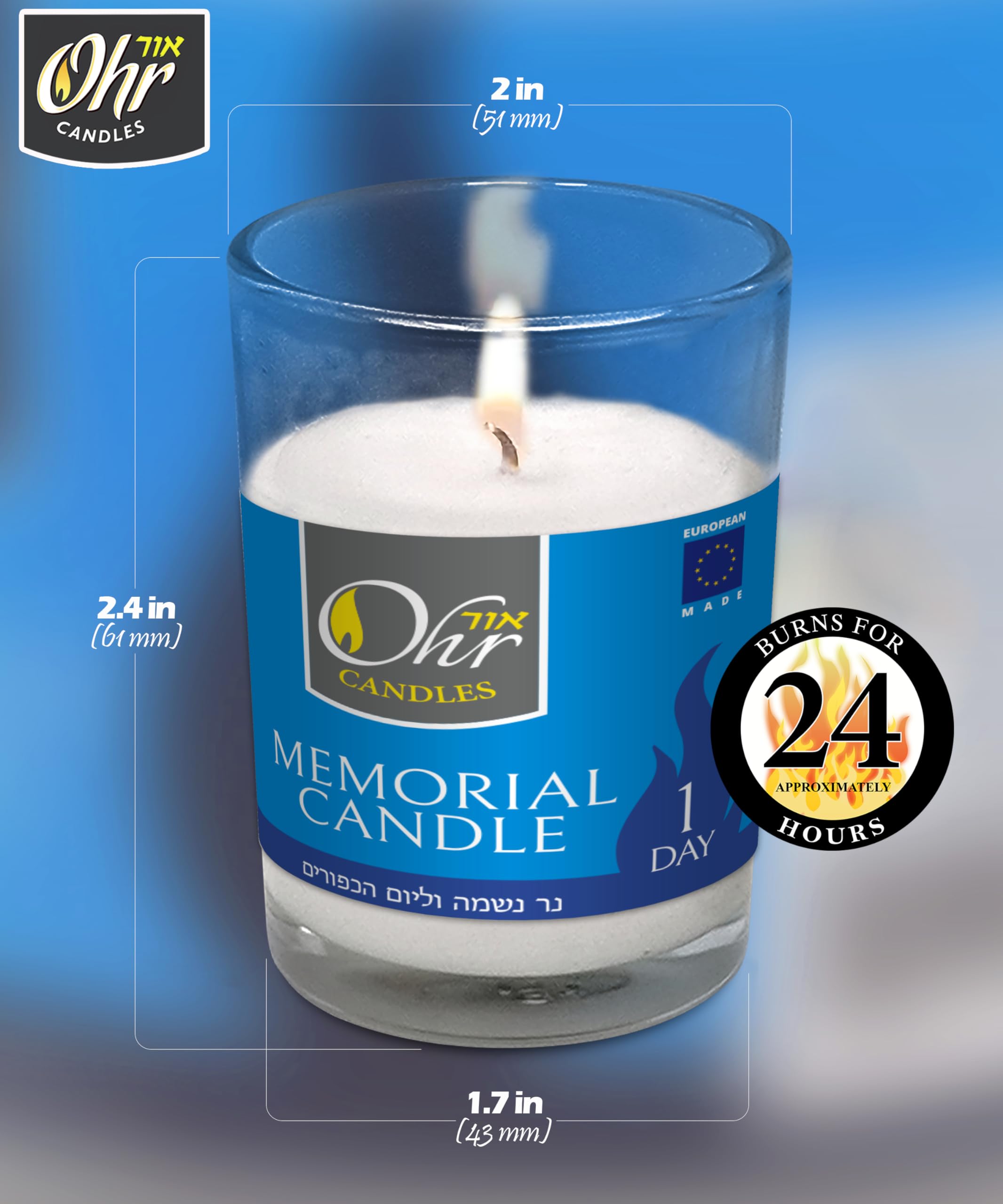 Yahrzeit Memorial Candles - 24 Pack of 24-Hour Jewish Memorial Candles in Glass Tumblers for Yom Kippur, Remembrance & Religious Ceremonies - Long-Lasting 1-Day Ohr Candles for Home Synagogue Use