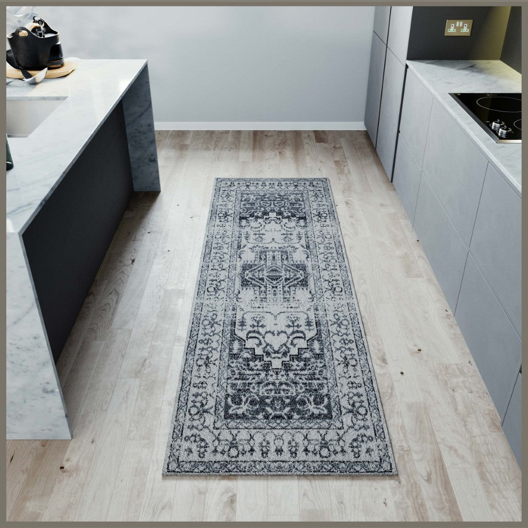Eviva Venus 2' x 8' Geometric Blue and Cream Area Rug - Modern Non-Slip Living Room Carpet for Bedroom, Office & Dorm Decor