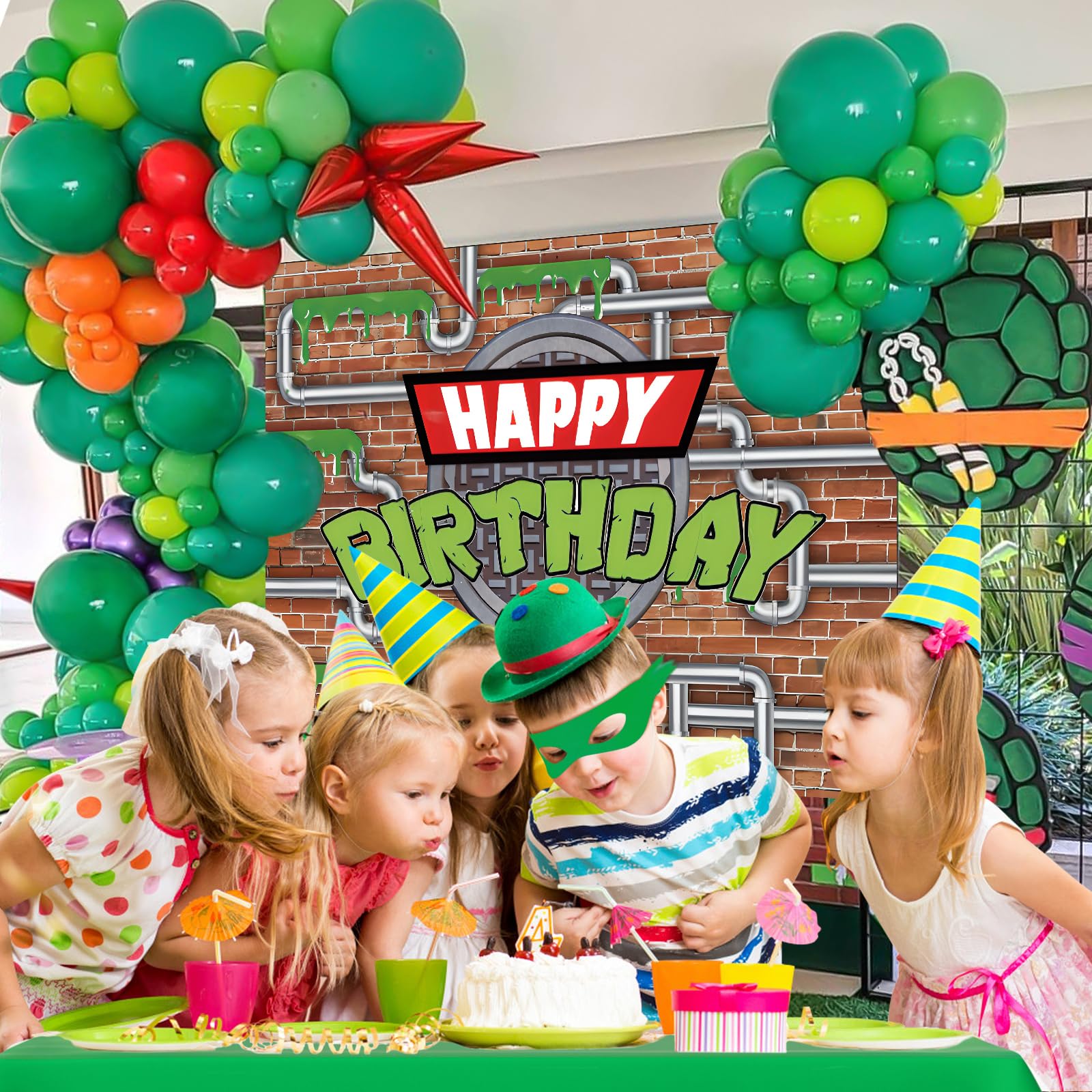 153Pcs Green Turtle Birthday Party Decorations Kit - Balloon Arch, Backdrop, Tablecloth, Googly Eye Balloons for Kids & Teens - Perfect for Girls & Boys Video Game Cartoon Themed Parties - Great for Indoor & Outdoor Birthday Celebrations, Baby Showers & Family Events