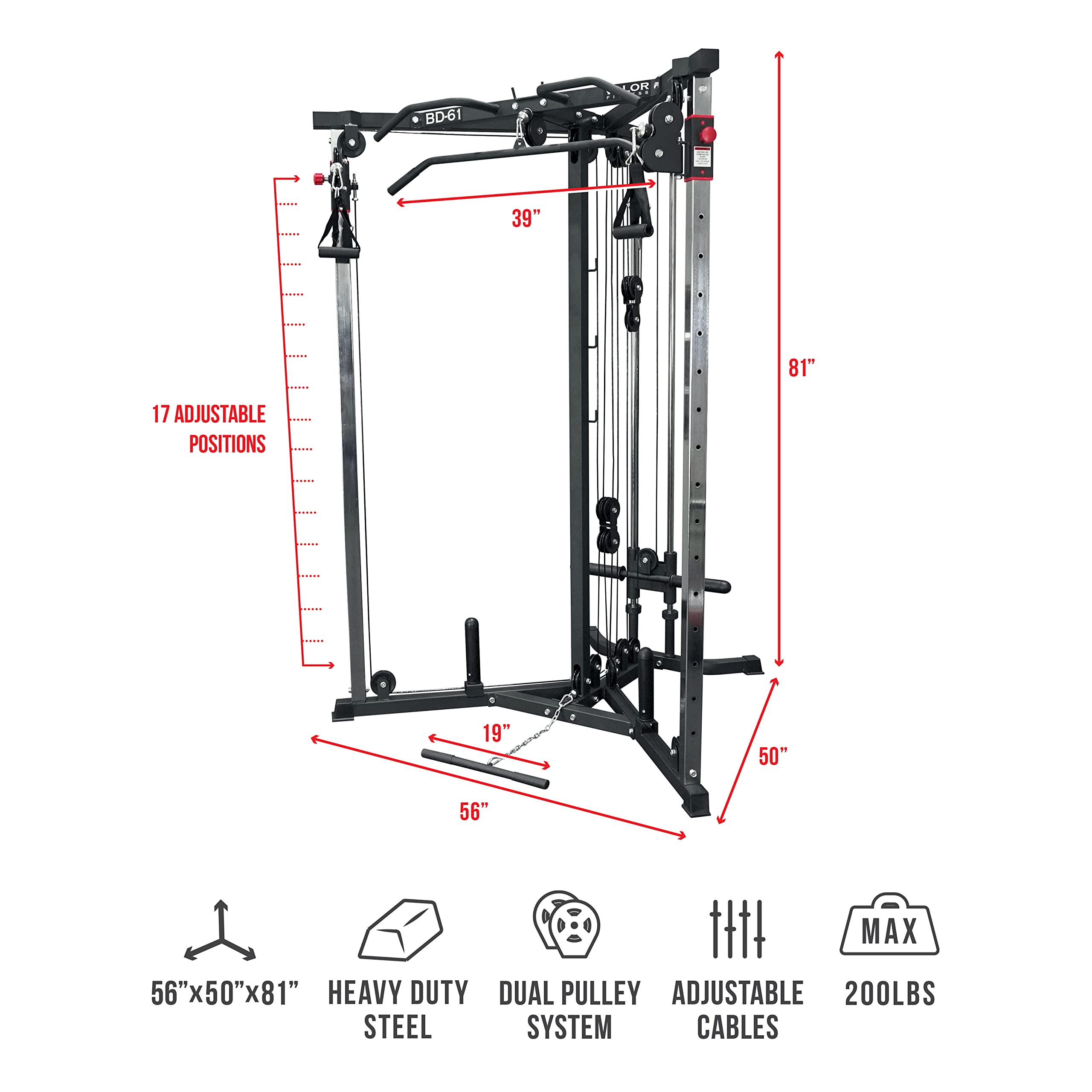 Valor Fitness Cable Crossover Machine - 17 Adjustable Positions with Pull Up Bars & Optional Attachments | 200 lb Plate Loaded Pulley System for Home Gym Strength Training | Perfect for Full-Body Workouts, Muscle Building & Functional Training