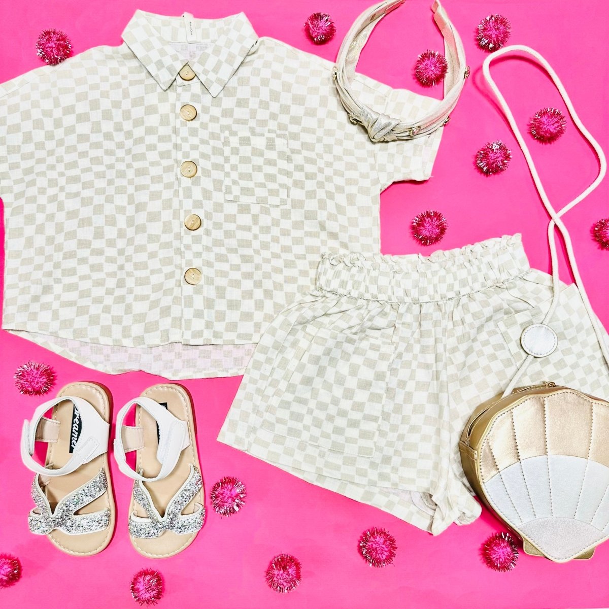 Dove Check Kelli Button Down Shirt and Shorts Set for Women - Casual Summer Outfit, Beachwear, and Lounge Wear