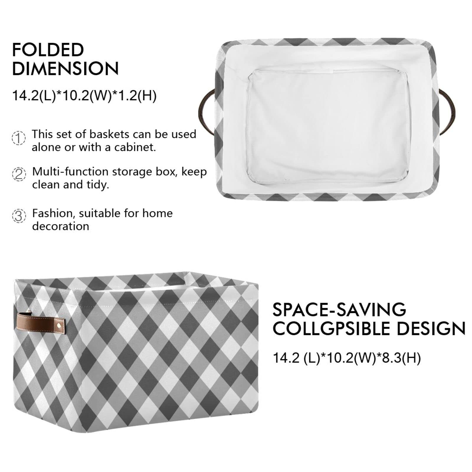 Grey Buffalo Plaid Storage Basket - Foldable Rectangular Organizer Bin with Handles for Home & Office Organization | Perfect for Closet Storage, Toy Organization & Laundry Room Decor