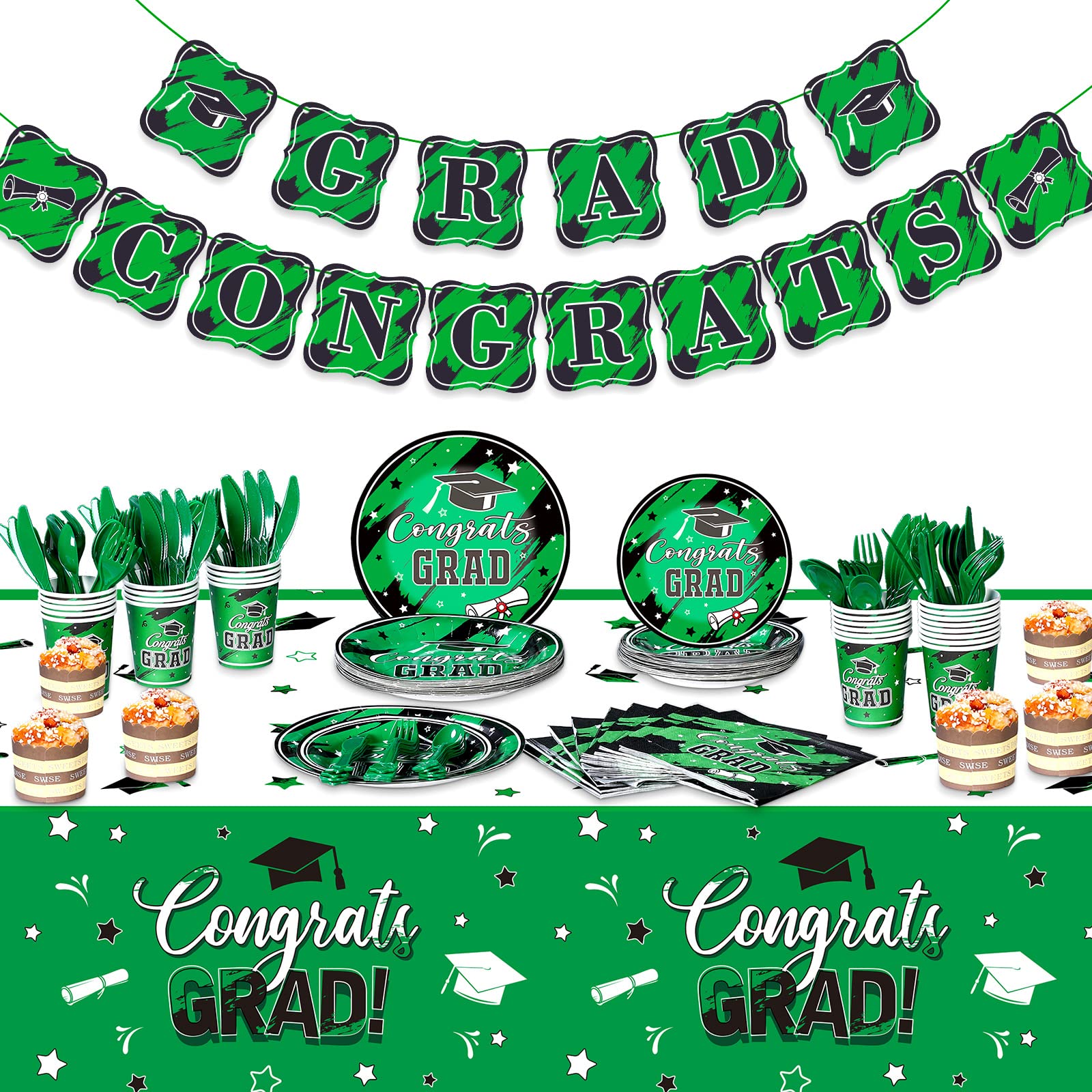 2023 Graduation Party Supplies Kit - 24-Piece Disposable Dinnerware Set with Plates, Napkins, Cups, Cutlery & Green Tablecloth - Perfect for College & High School Graduation Celebrations, Decorations & Banquets
