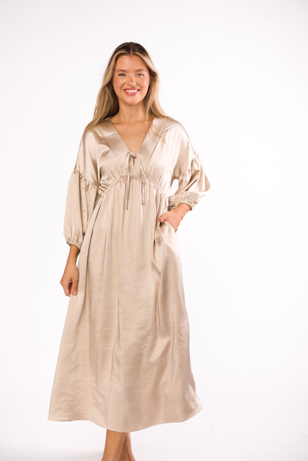Hunter Premium Satin Midi Dress in Champagne - Bump Friendly Maternity Dress for Special Occasions & Pregnancy Photoshoots