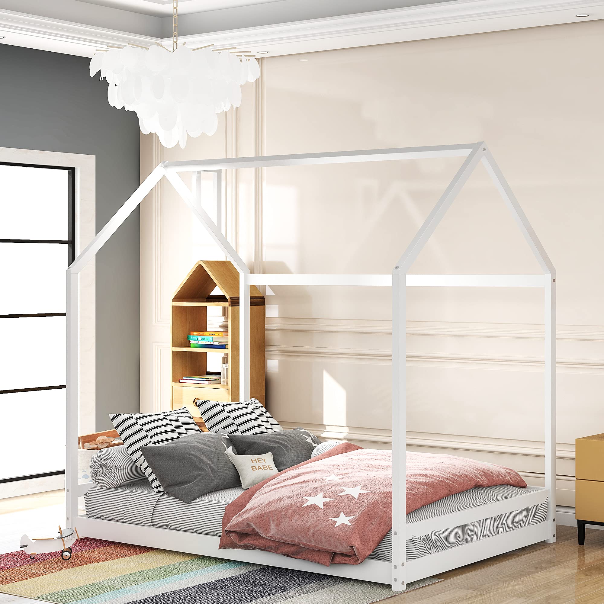 **White Wooden Twin House Bed Frame with Roof for Toddlers, Kids, Boys & Girls - Floor Bed, Tent Bed Design - No Box Spring Needed - Perfect for Bedrooms, Playrooms & Kids' Sleepovers**