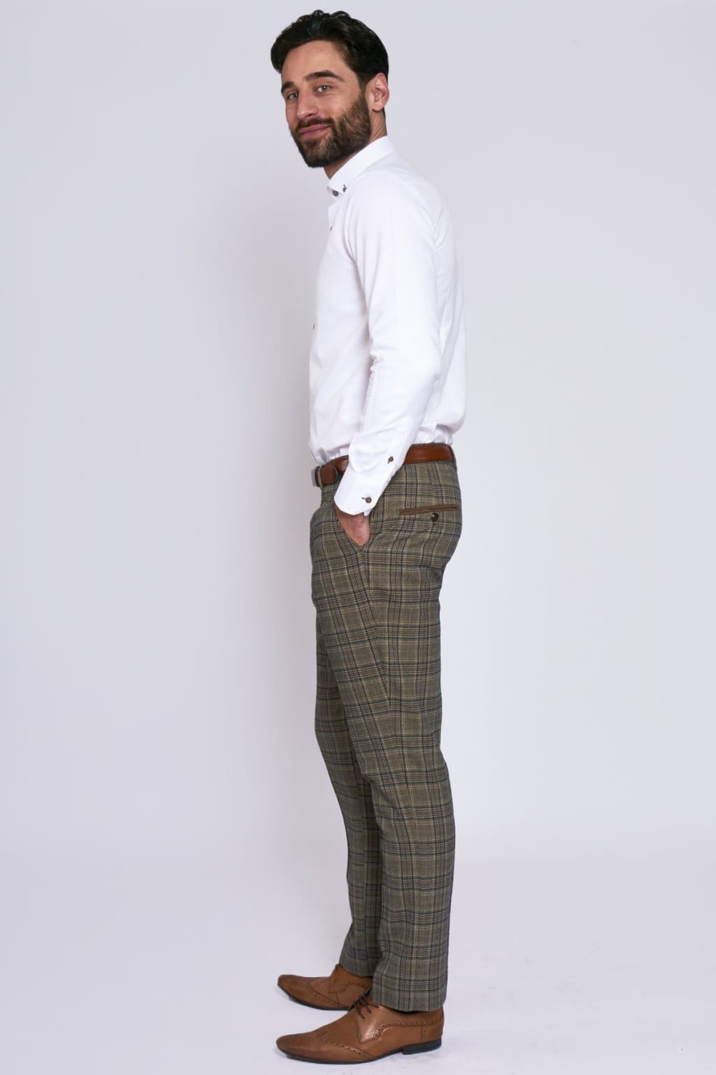 Marc Darcy Enzo Tan Check Tweed Trousers for Men - Classic Slim Fit Dress Pants for Office, Business & Formal Occasions